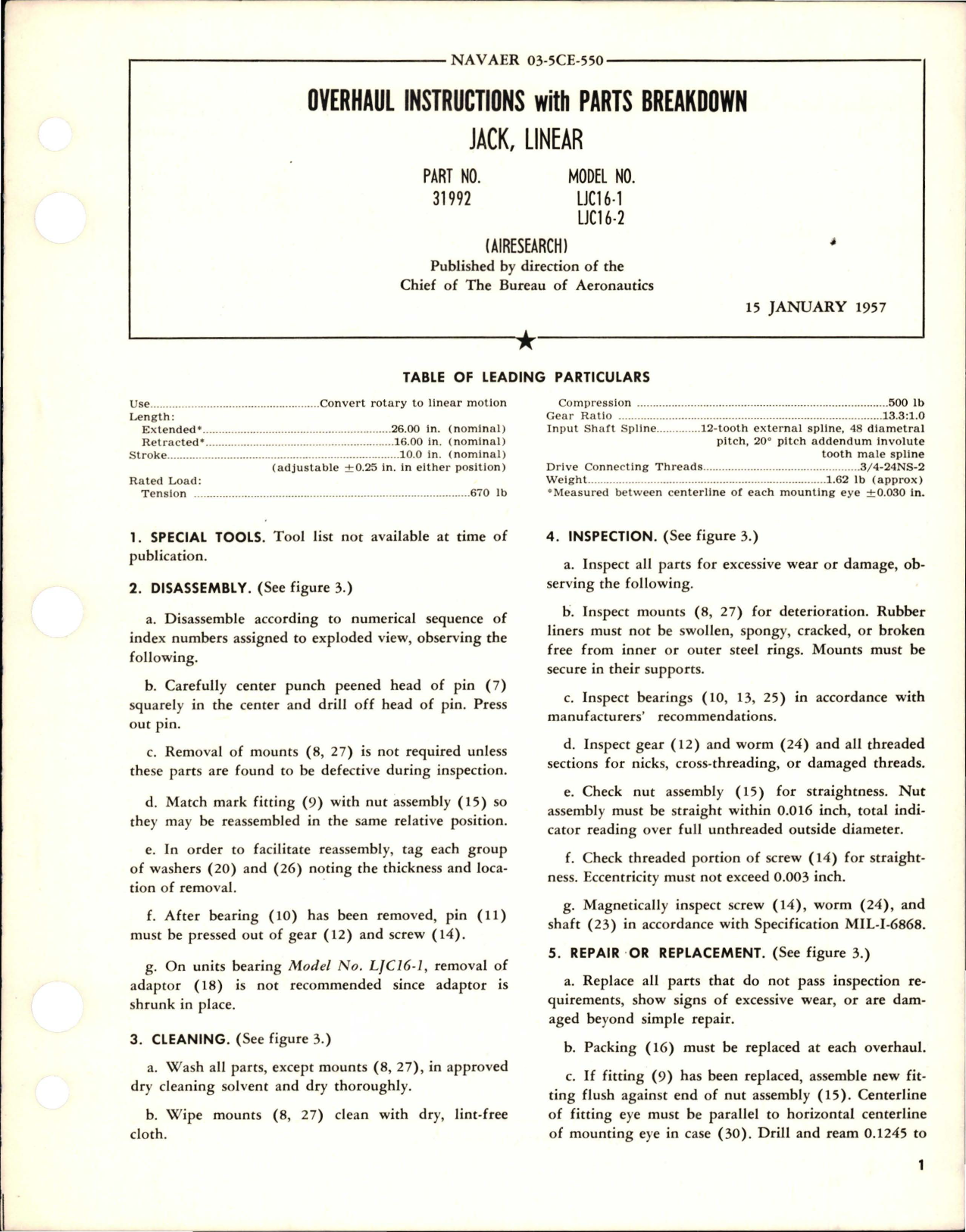 Sample page 1 from AirCorps Library document: Overhaul Instructions with Parts Breakdown for Linear Jack - Part 31992 - Model LJC16-1 and LJC16 -2