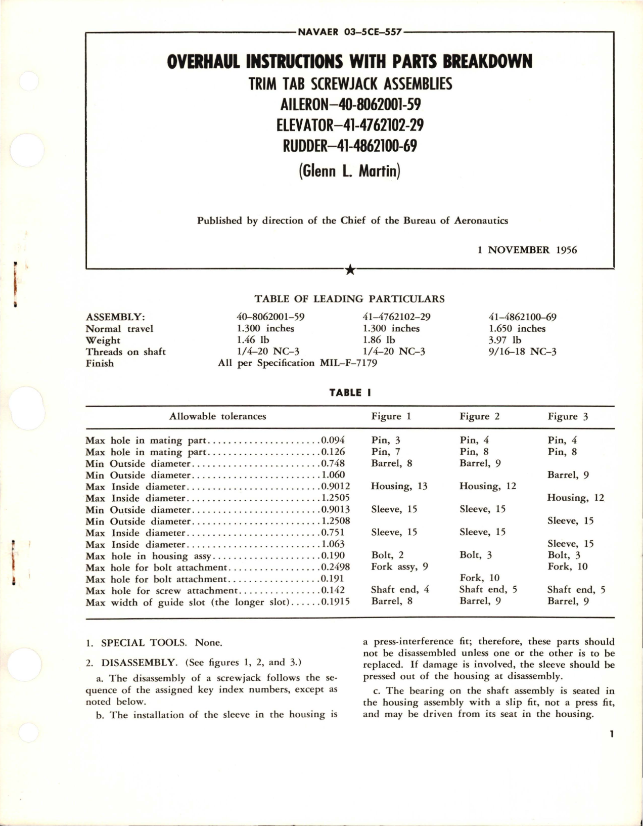 Sample page 1 from AirCorps Library document: Overhaul Instructions with Parts Breakdown for Trim Tab Screwjack - Aileron 40-8062001-59, Elevator 41-4762102-29, Rudder 41-4862100-69