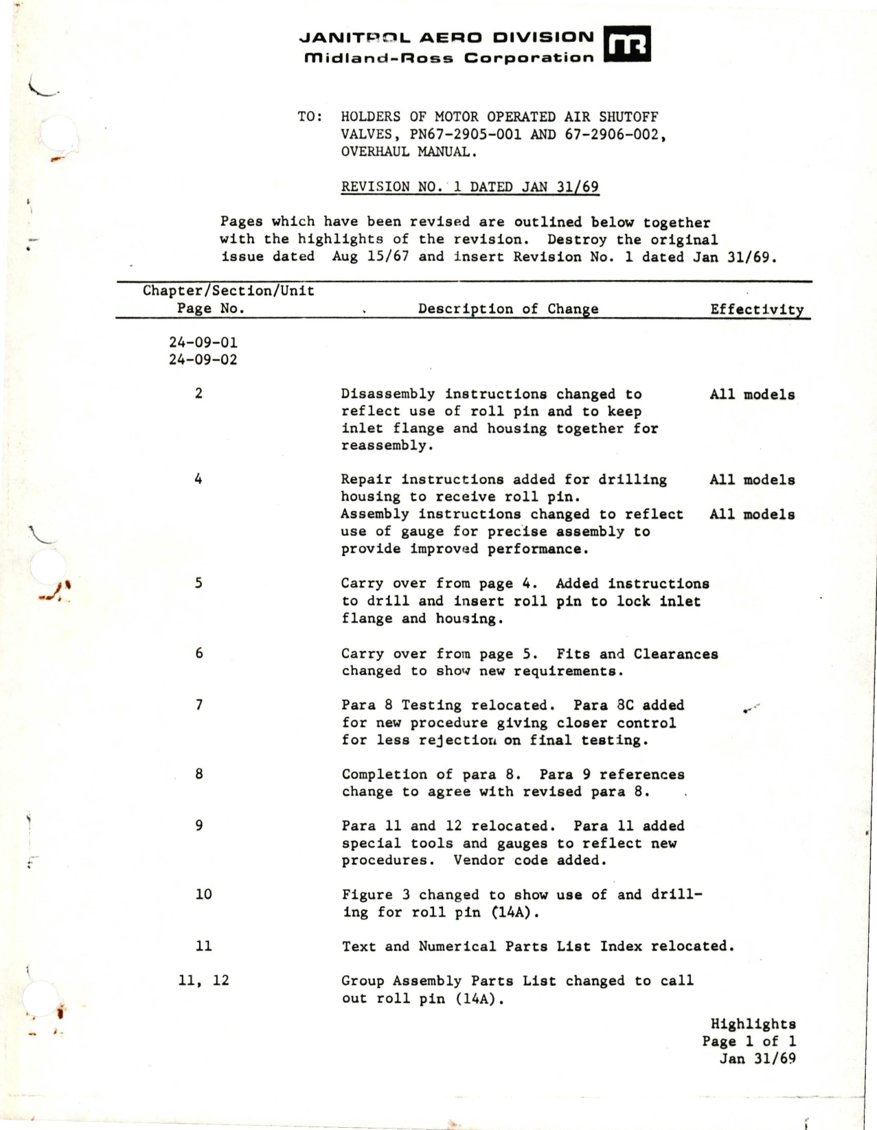 Sample page 1 from AirCorps Library document: Revision to Overhaul Manual for Motor Operated Air Shutoff Valves - Part 67-2905-001 and 67-2906-002