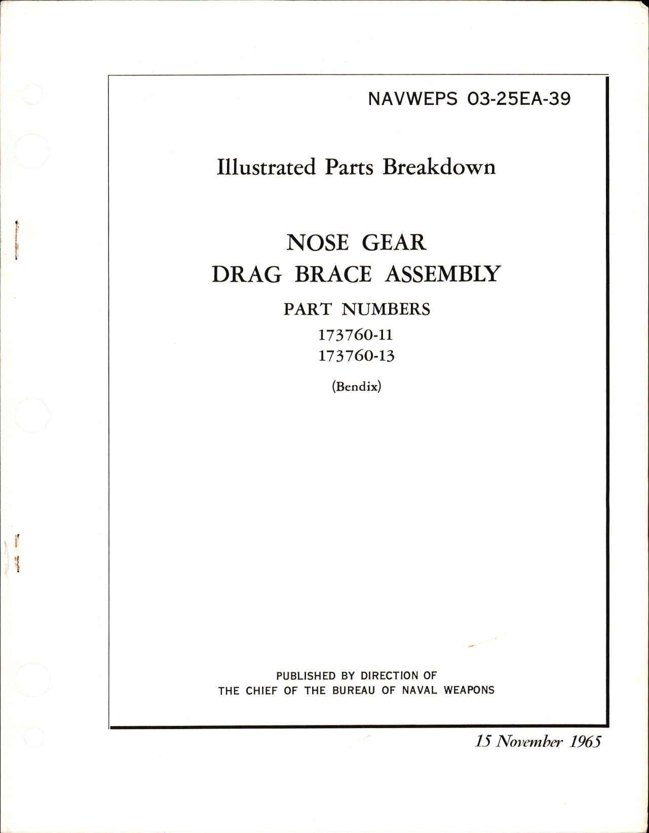 Sample page 1 from AirCorps Library document: Illustrated Parts Breakdown for Nose Gear Drag Brace Assembly - Parts 173760-11, and 173760-13