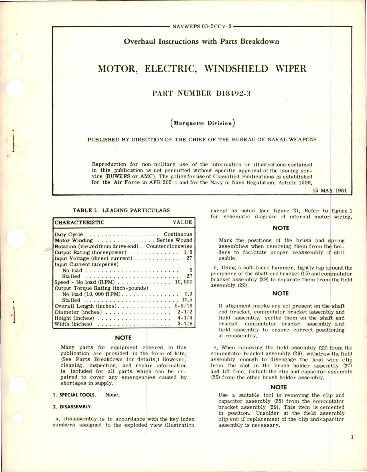 Sample page 1 from AirCorps Library document: Overhaul Instructions with Parts Breakdown for Electric Windshield Wiper Motor - Part D18492-3