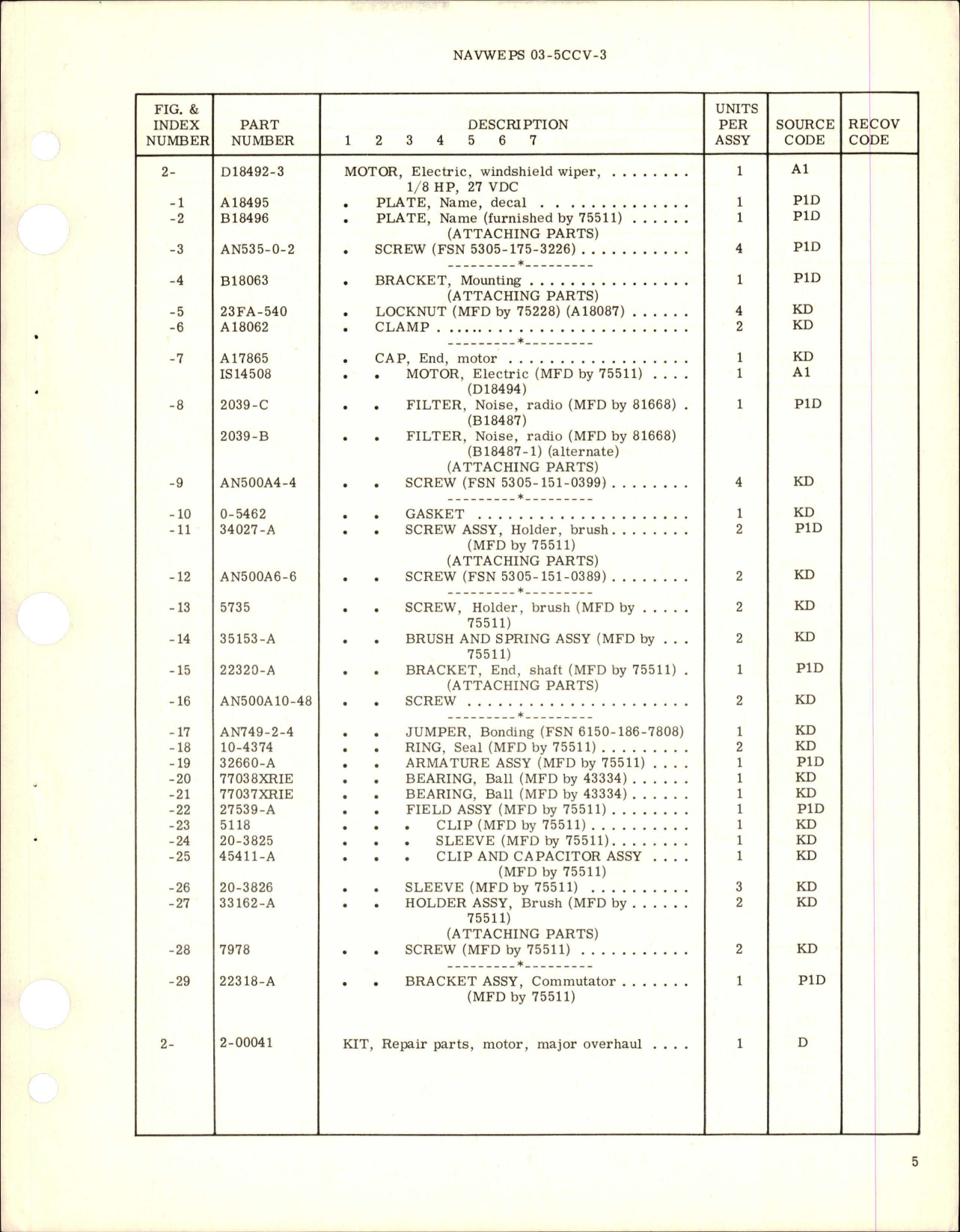 Sample page 5 from AirCorps Library document: Overhaul Instructions with Parts Breakdown for Electric Windshield Wiper Motor - Part D18492-3