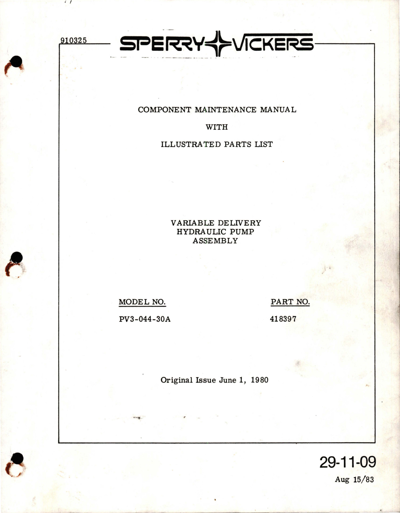 Sample page 1 from AirCorps Library document: Maintenance Manual with Parts List for Variable Delivery Hydraulic Pump Assembly - Model PV3-044-30A - Part 418397 