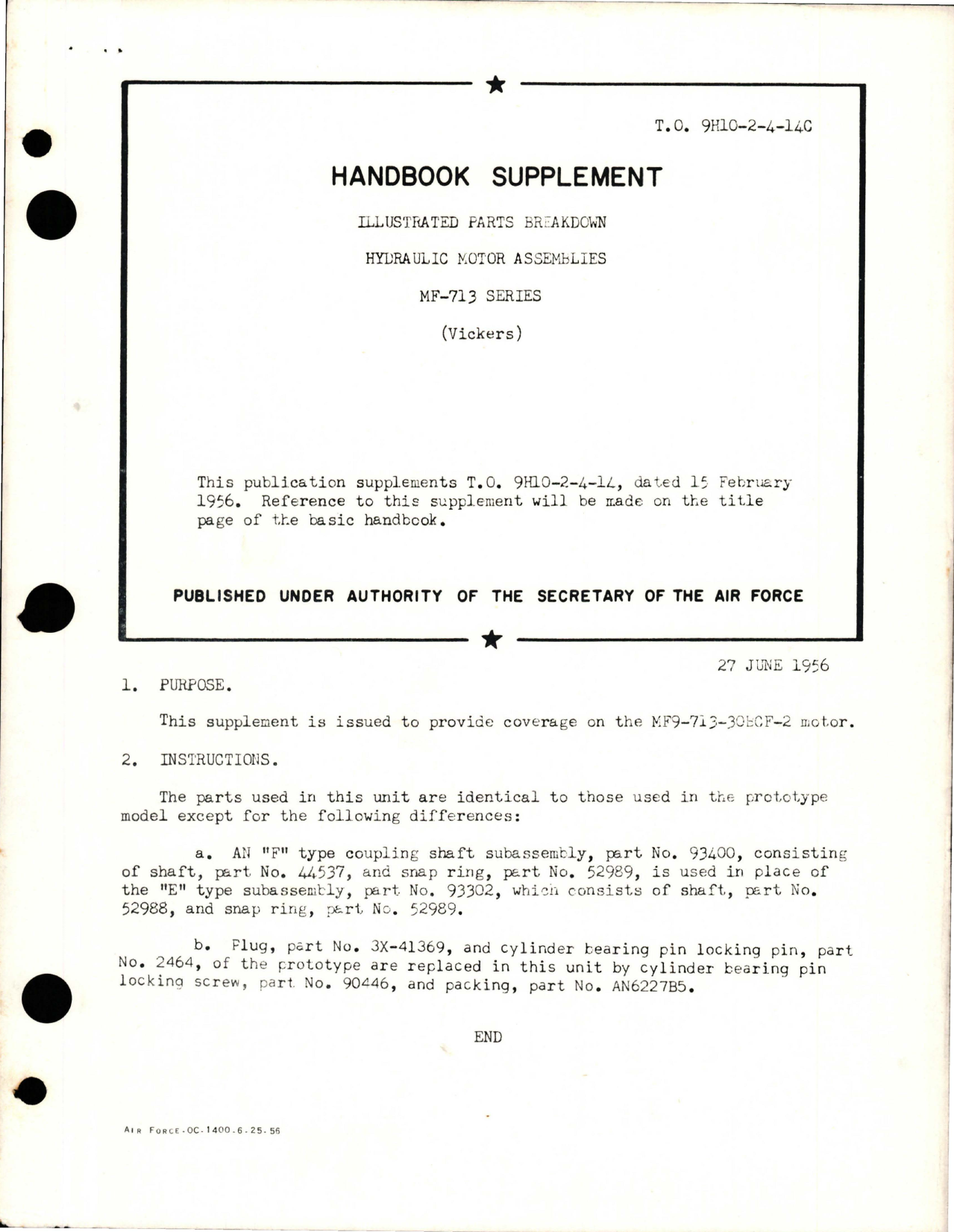 Sample page 1 from AirCorps Library document: Supplement to Illustrated Parts Breakdown for Hydraulic Motor Assemblies - MF-713 Series