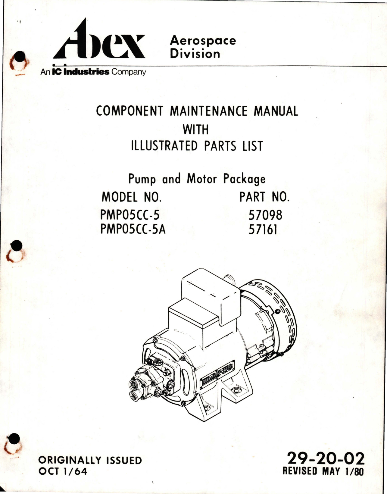 Sample page 1 from AirCorps Library document: Maintenance Manual with Illustrated Parts List for Pump and Motor Package - Parts 57098, 57161 