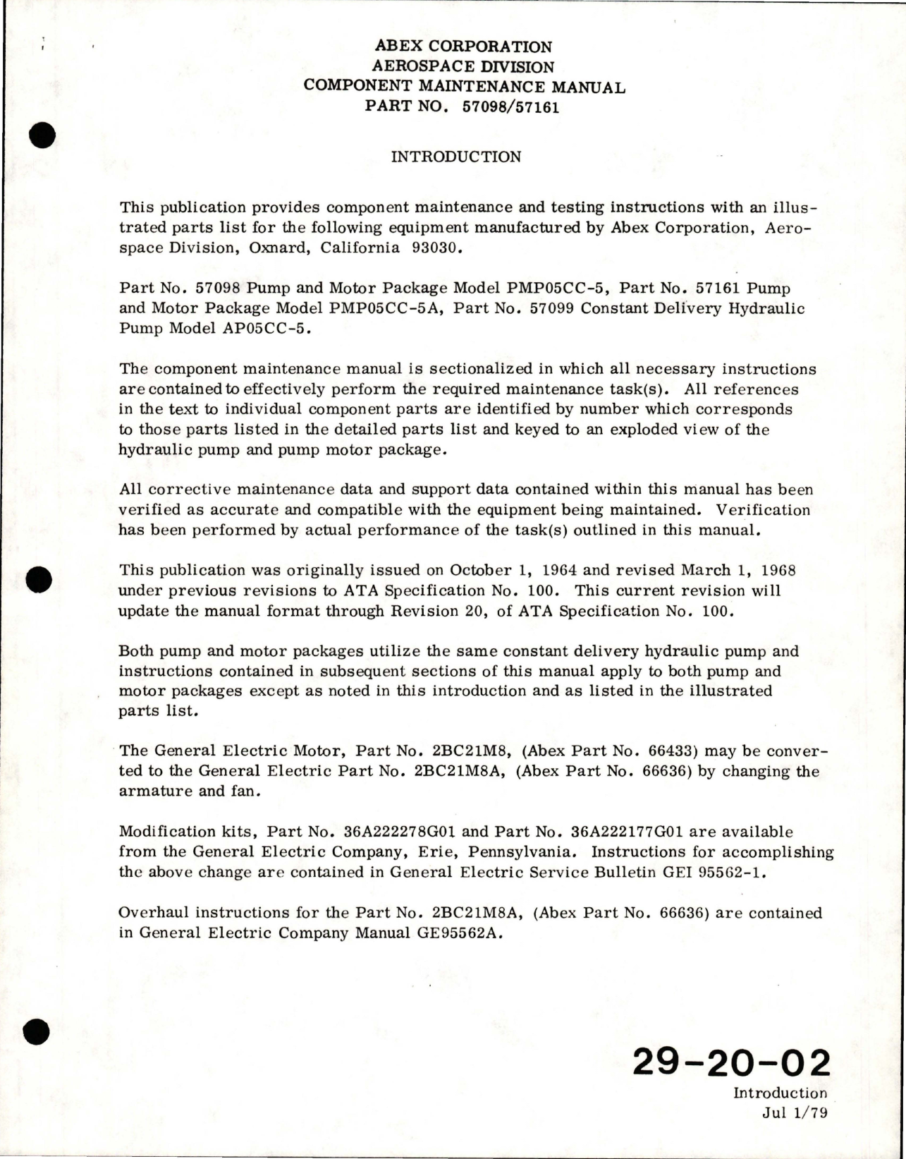 Sample page 7 from AirCorps Library document: Maintenance Manual with Illustrated Parts List for Pump and Motor Package - Parts 57098, 57161 