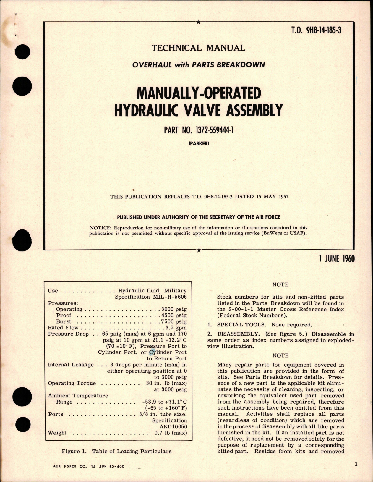 Sample page 1 from AirCorps Library document: Overhaul w Parts for Manually Operated Hydraulic Valve Assembly - Part 1372-559444-1