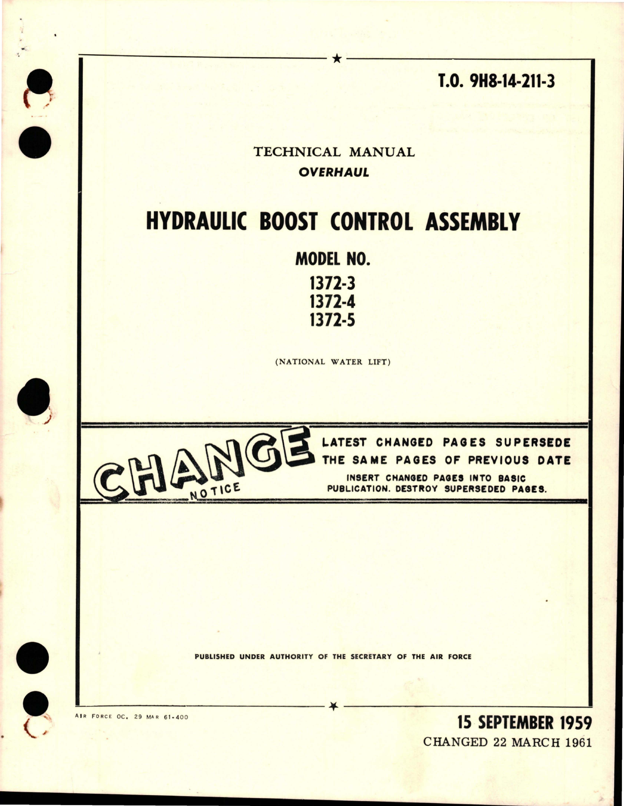 Sample page 1 from AirCorps Library document: Overhaul Manual for Hydraulic Boost Control Assembly - Model 1372-3, 1372-4, and 1372-5