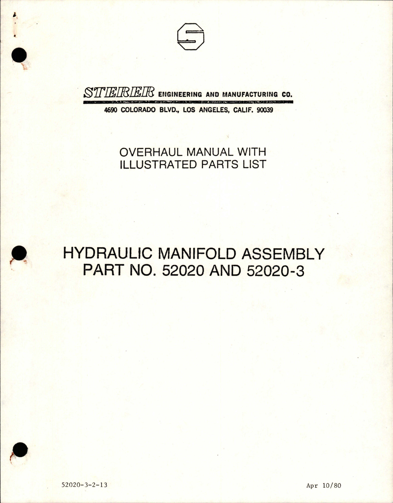 Sample page 1 from AirCorps Library document: Overhaul Manual with Illustrated Parts List for Hydraulic Manifold Assembly - Part 52020, 52020-3