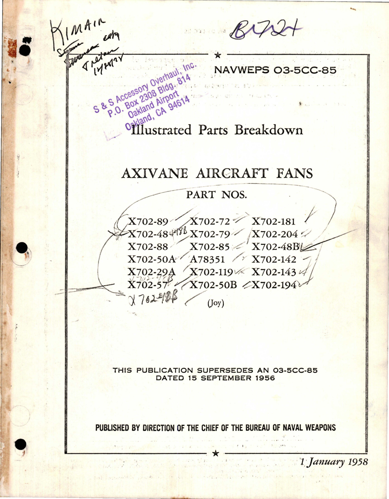 Sample page 1 from AirCorps Library document: Illustrated Parts Breakdown for Axivane Aircraft Fans