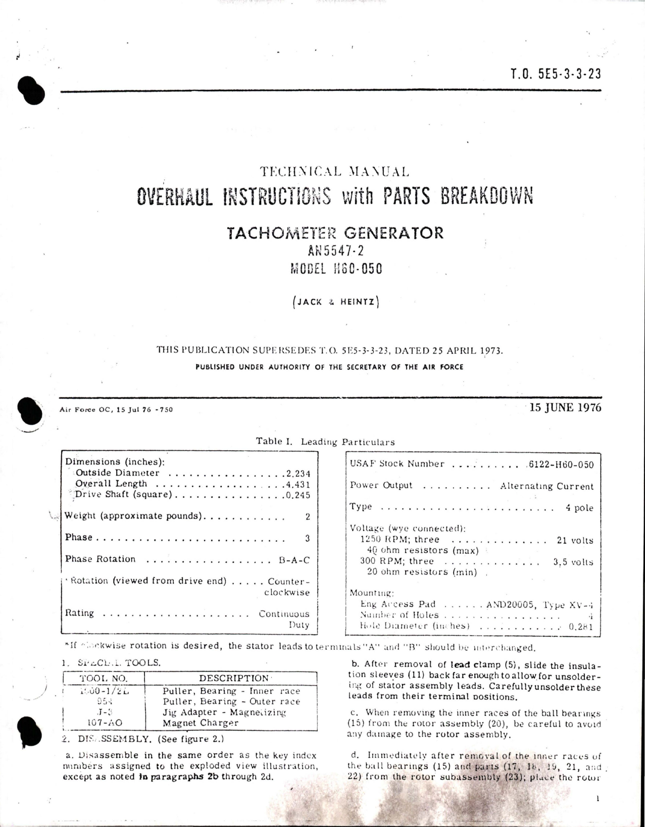 Sample page 1 from AirCorps Library document: Overhaul Instructions with Parts for Tachometer Generator - AN5547-2 - Model H60-050