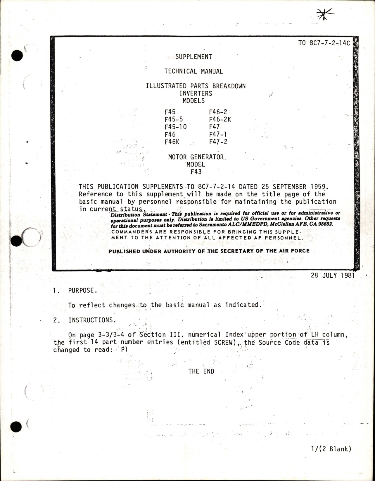 Sample page 1 from AirCorps Library document: Supplement to Illustrated Parts Breakdown for Inverters and Motor Generator - Model F43