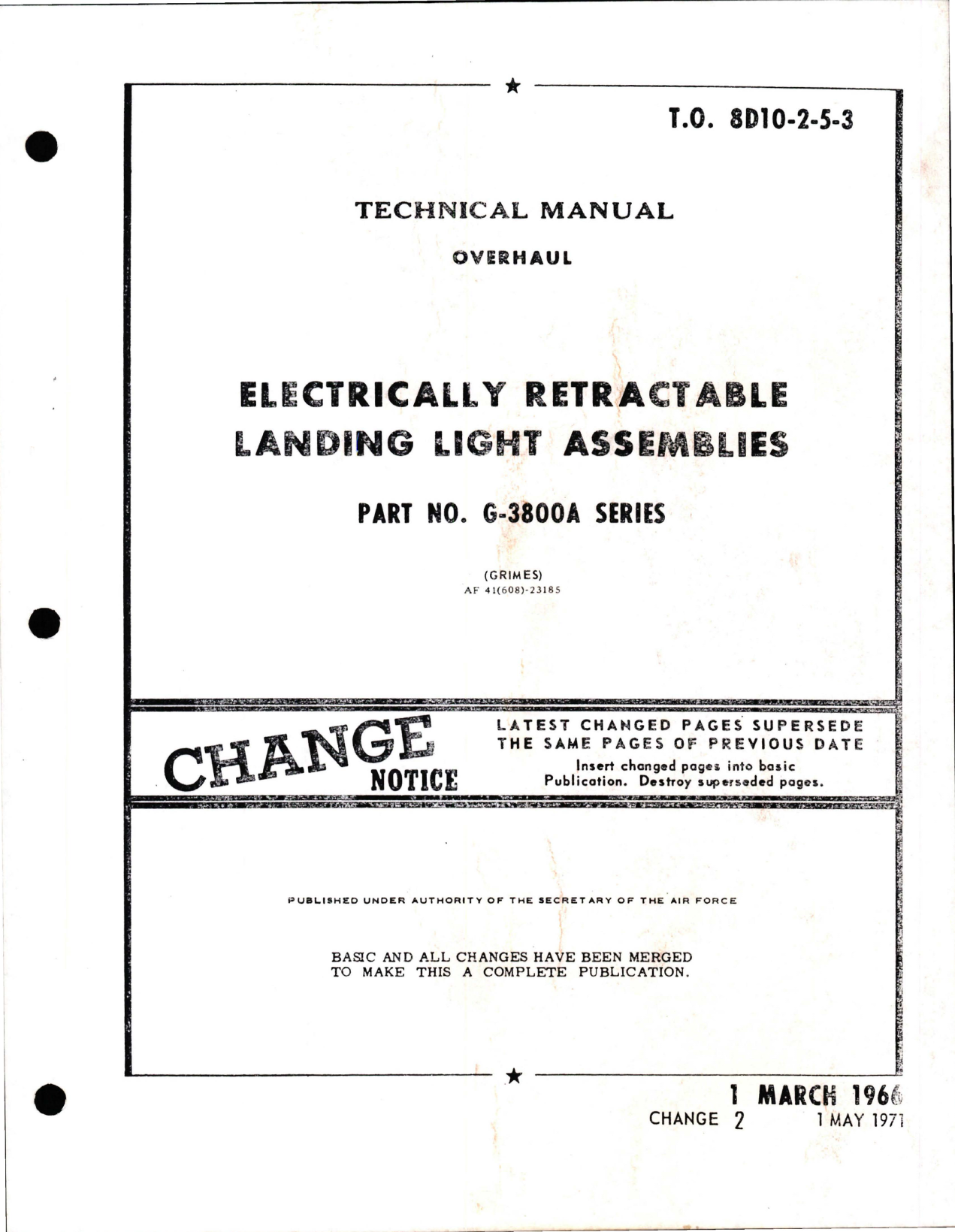 Sample page 1 from AirCorps Library document: Overhaul for Electrically Retractable Landing Light Assemblies - Part G-3800A Series - Change 2