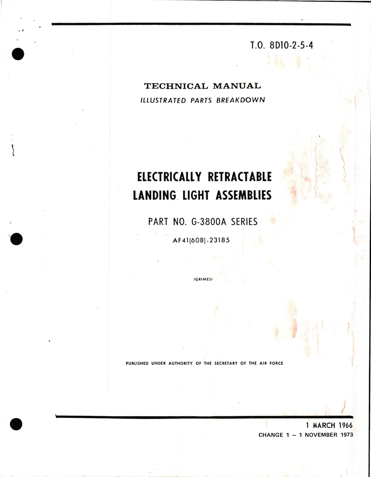 Sample page 1 from AirCorps Library document: Illustrated Parts Breakdown for Electrically Retractable Landing Light Assemblies - Part G-3800A Series - Change 1