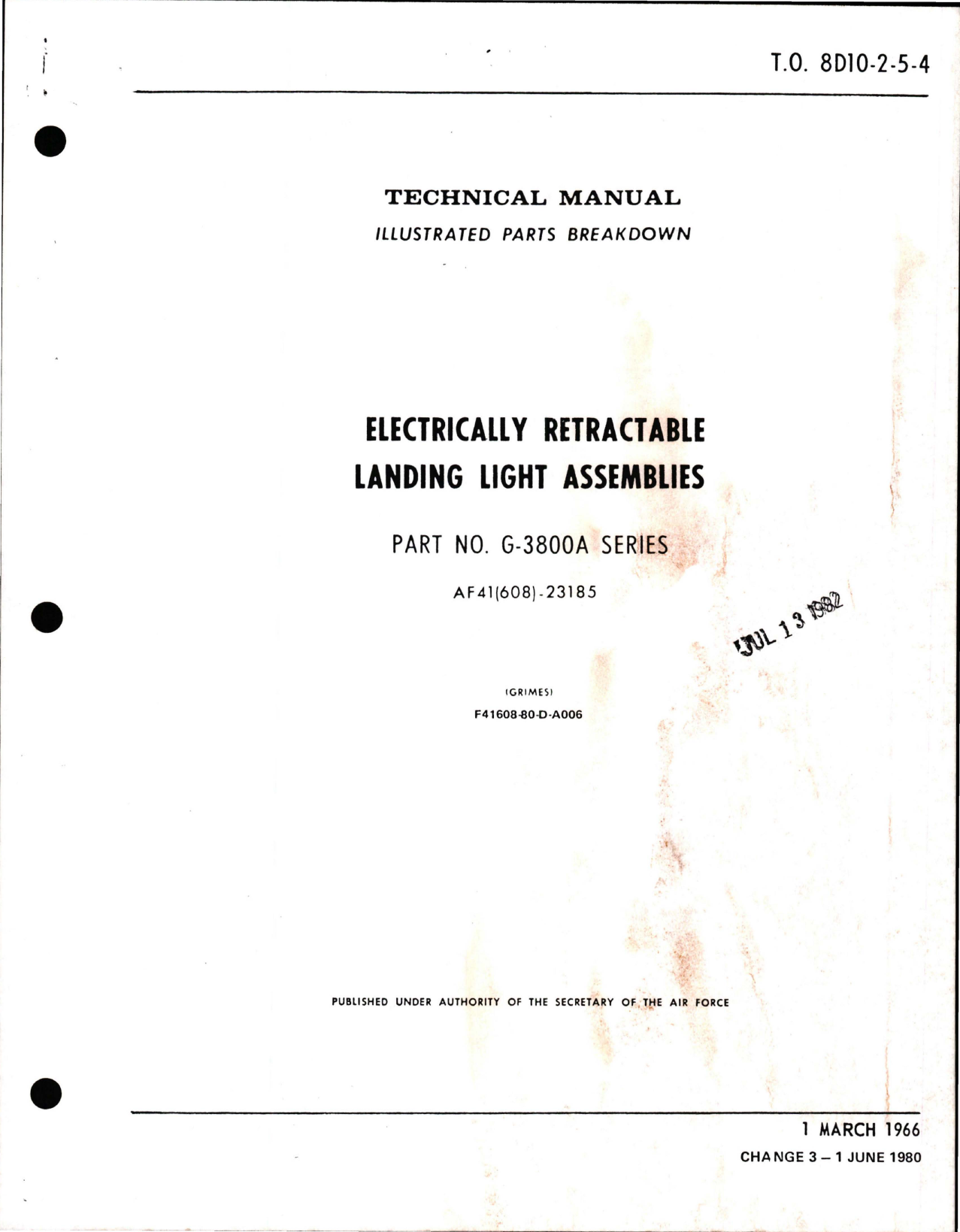Sample page 1 from AirCorps Library document: Illustrated Parts Breakdown for Electrically Retractable Landing Light Assemblies - Part G-3800A Series - Change 3