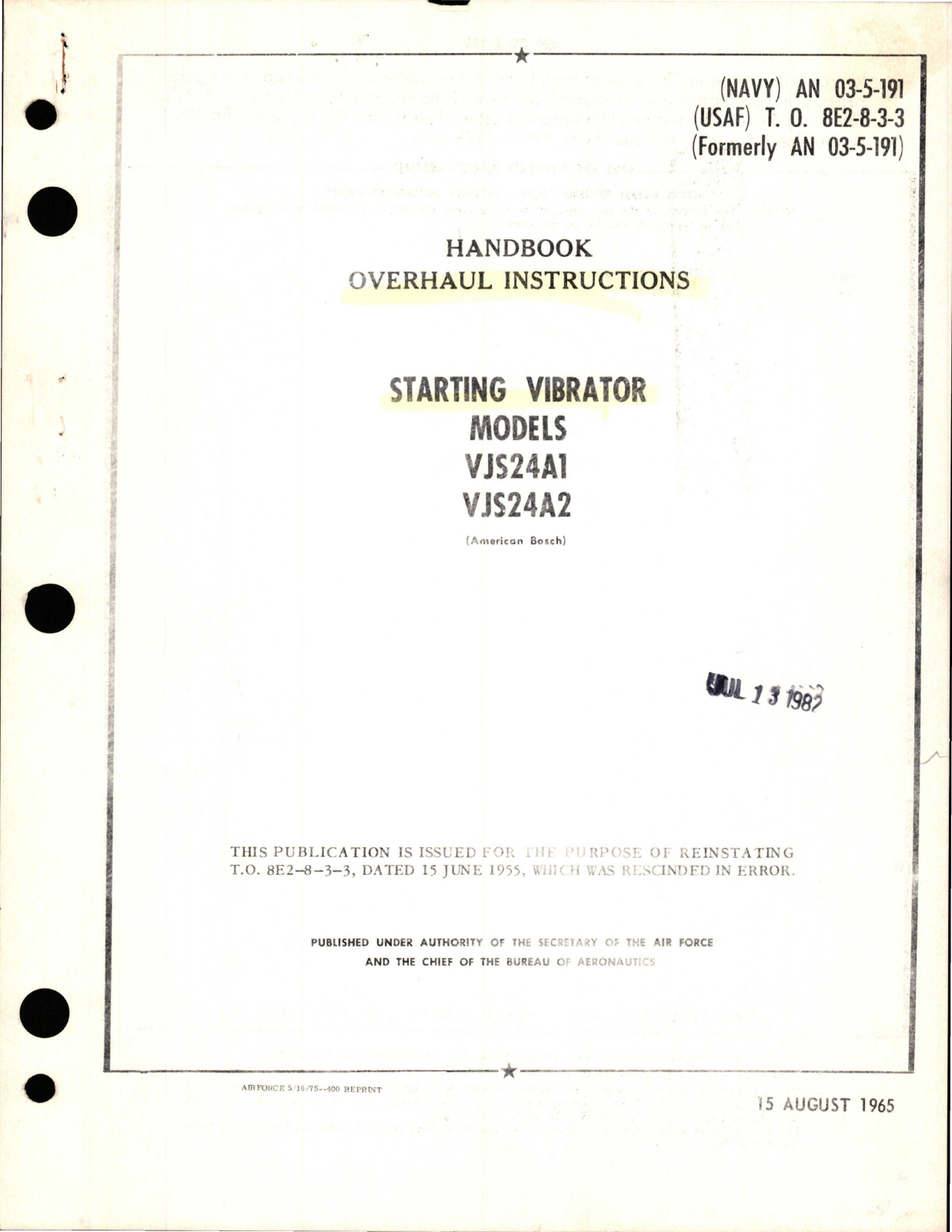 Sample page 1 from AirCorps Library document: Overhaul Instructions for Starting Vibrator - Models VJS24A1 and VJS24A2