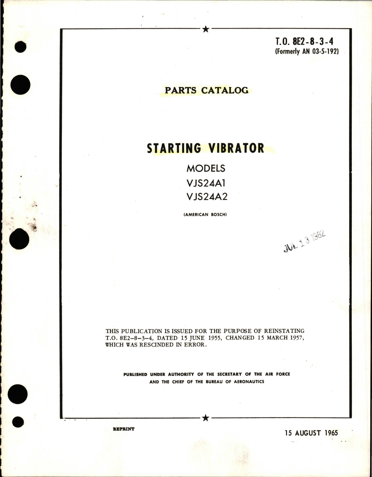 Sample page 1 from AirCorps Library document: Parts Catalog for Starting Vibrator - Models VJS24A1and VJS24A2