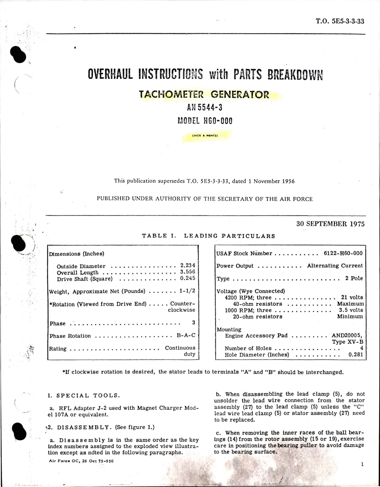 Sample page 1 from AirCorps Library document: Overhaul Instructions with Parts Breakdown for Tachometer Generator - AN 5544-3 - Model H60-000