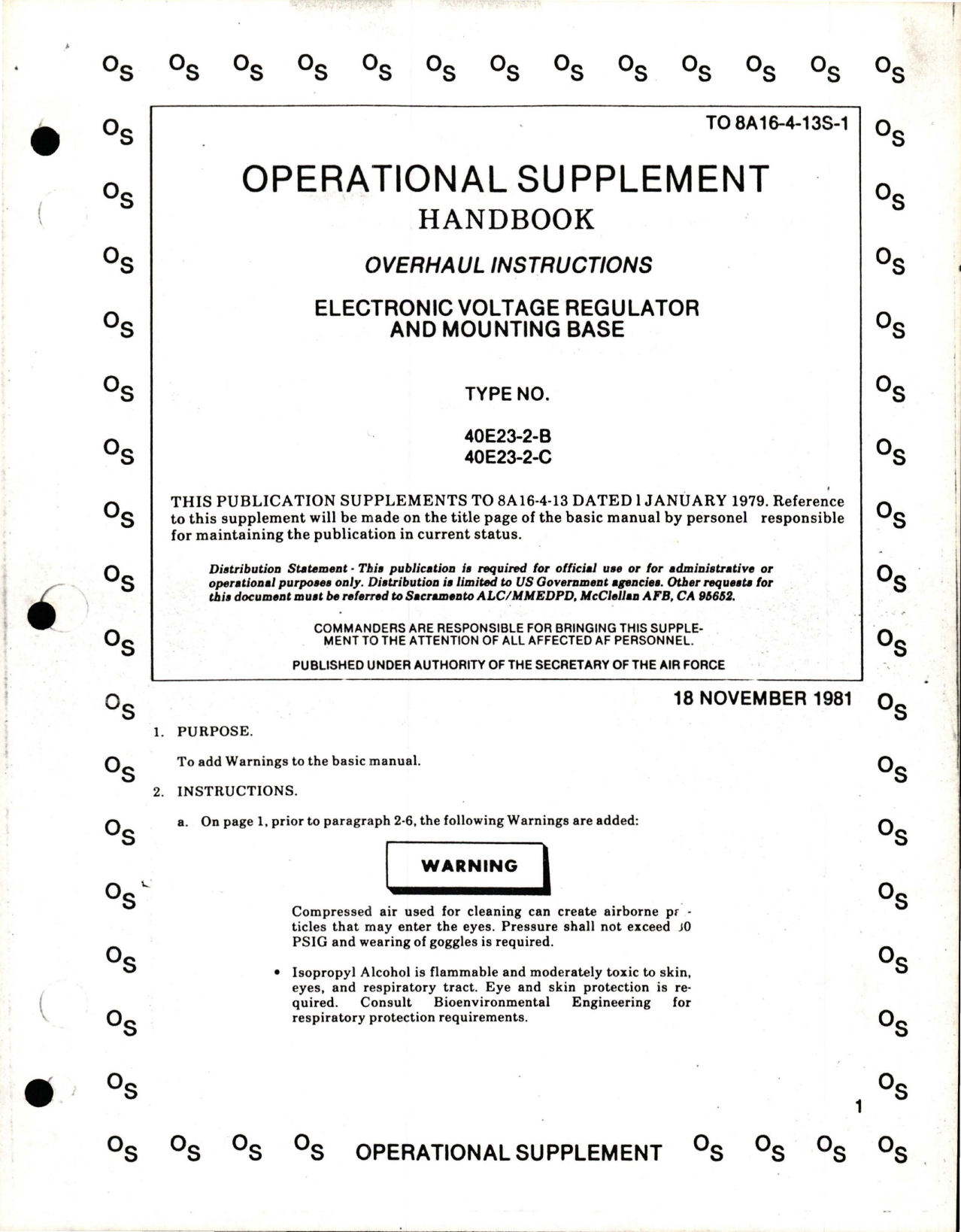 Sample page 1 from AirCorps Library document: Supplement to Overhaul Instructions for Electronic Voltage Regulator and Mounting Base - Type 40E23-2-B and 40E23-2-C 