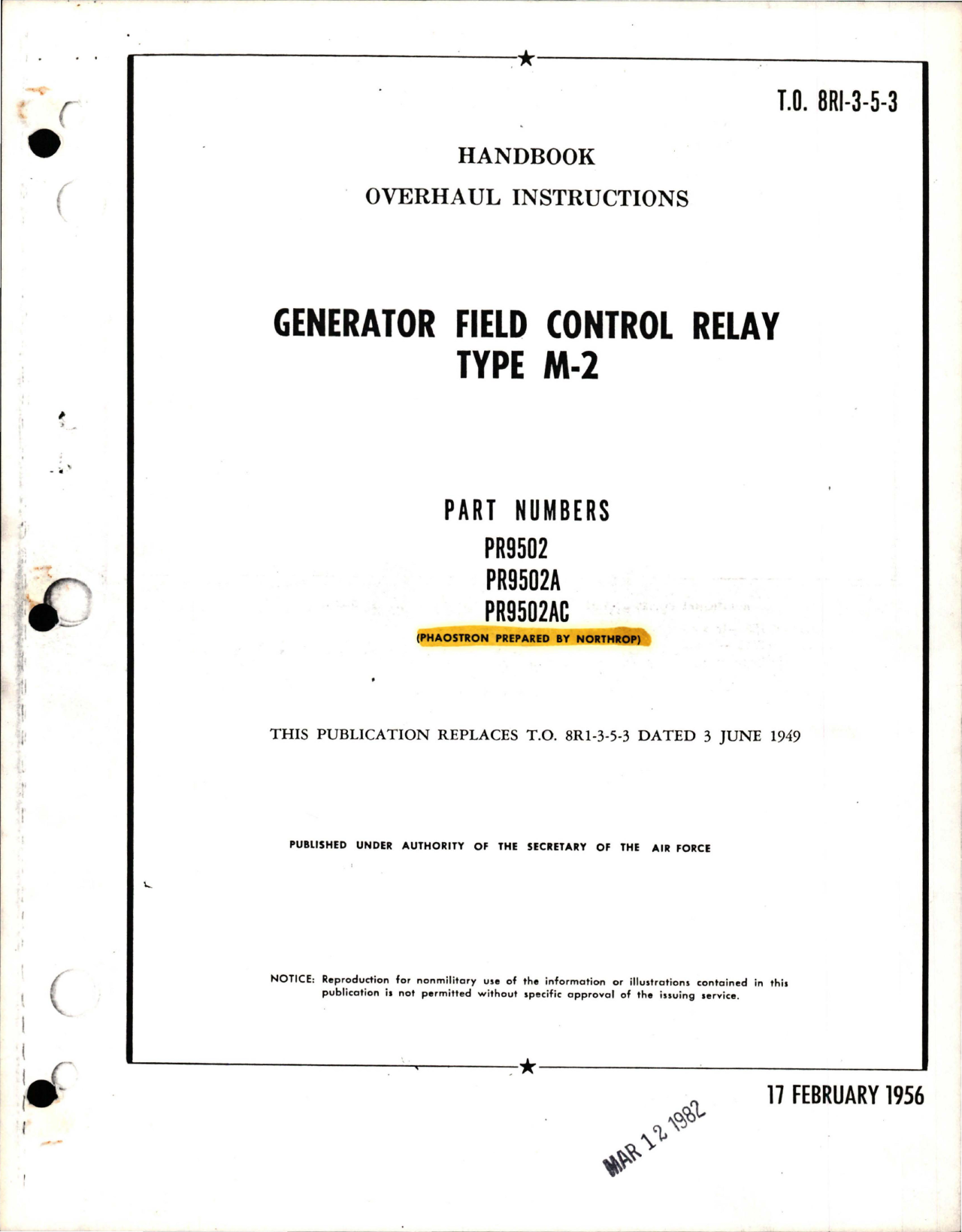 Sample page 1 from AirCorps Library document: Overhaul Instructions for Generator Field Control Relay - Type M-2 - Parts PR9502, PR9502A, and PR9502AC