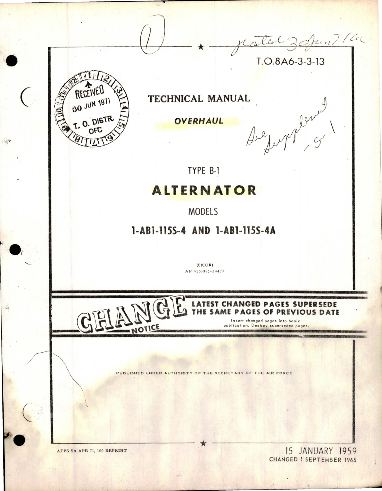 Sample page 1 from AirCorps Library document: Overhaul for Alternator - Type B-1 - Models 1-AB1-115S-4 and 1-AB1-115S-4A