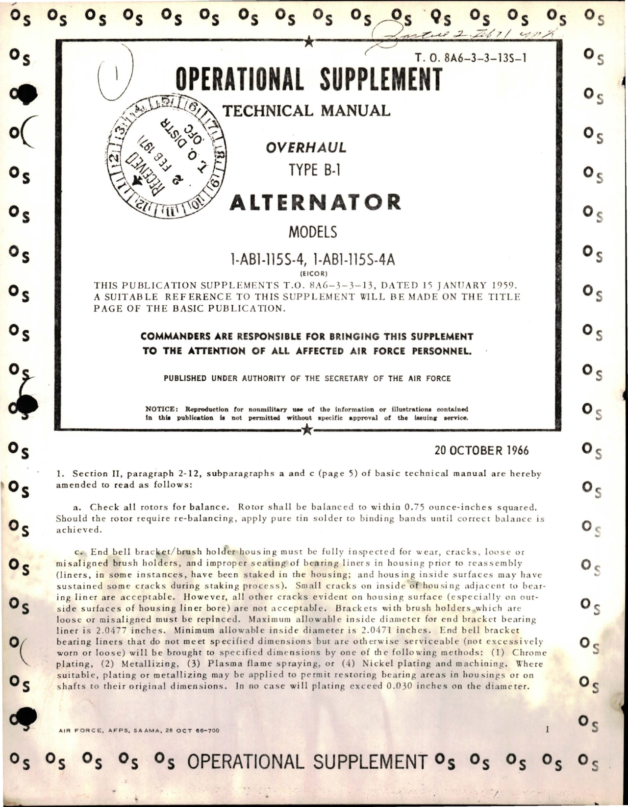 Sample page 1 from AirCorps Library document: Supplement to Overhaul for Alternator - Type B-1 - Models 1-AB1-115S-4 and 1-AB1-115S-4A