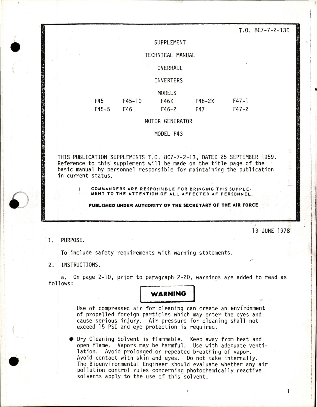 Sample page 1 from AirCorps Library document: Supplement to Overhaul for Inverters and Motor Generator - Model F43