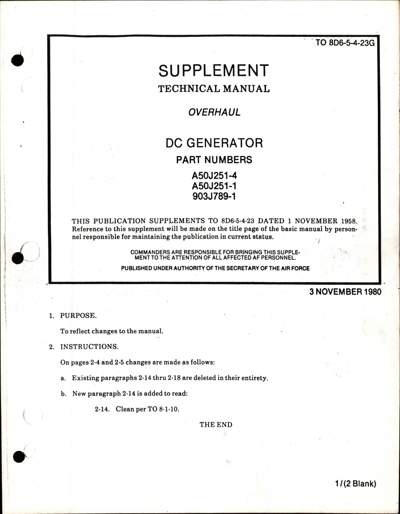 Sample page 1 from AirCorps Library document: Supplement to Overhaul for DC Generator - Parts A50J251-4, A50J251-1, and 903J789-1