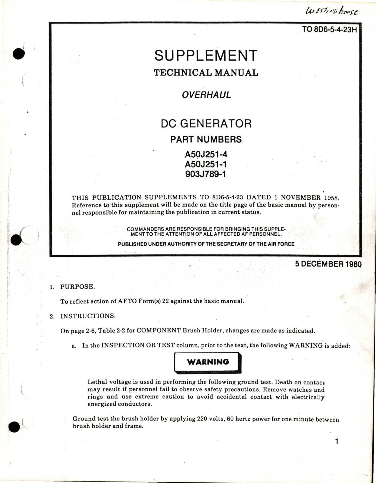 Sample page 1 from AirCorps Library document: Supplement to Overhaul for DC Generator - Parts A50J251-4, A50J251-1, and 903J789-1