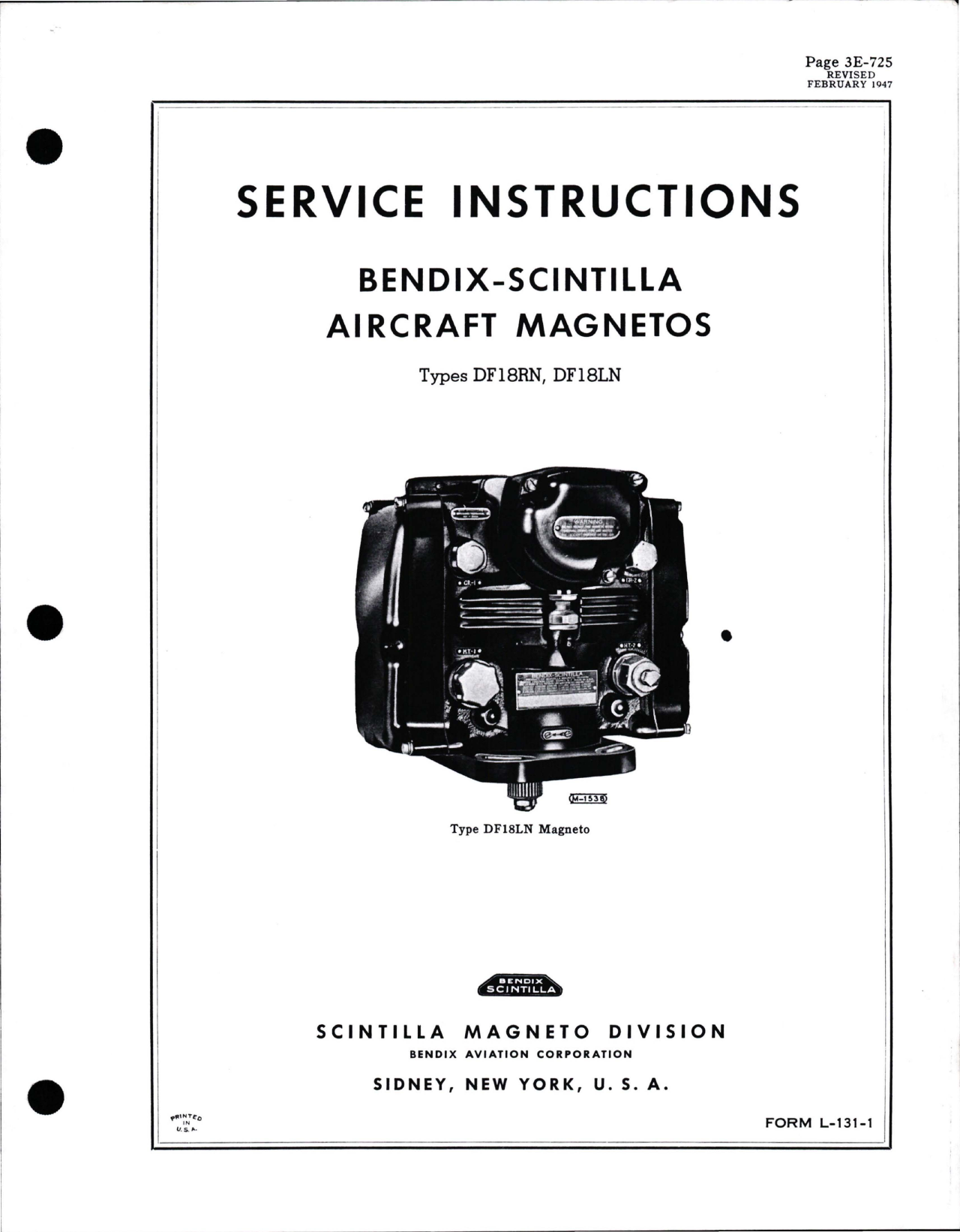 Sample page 1 from AirCorps Library document: Service Instructions for Aircraft Magnetos - Types DF18RN and DF18LN