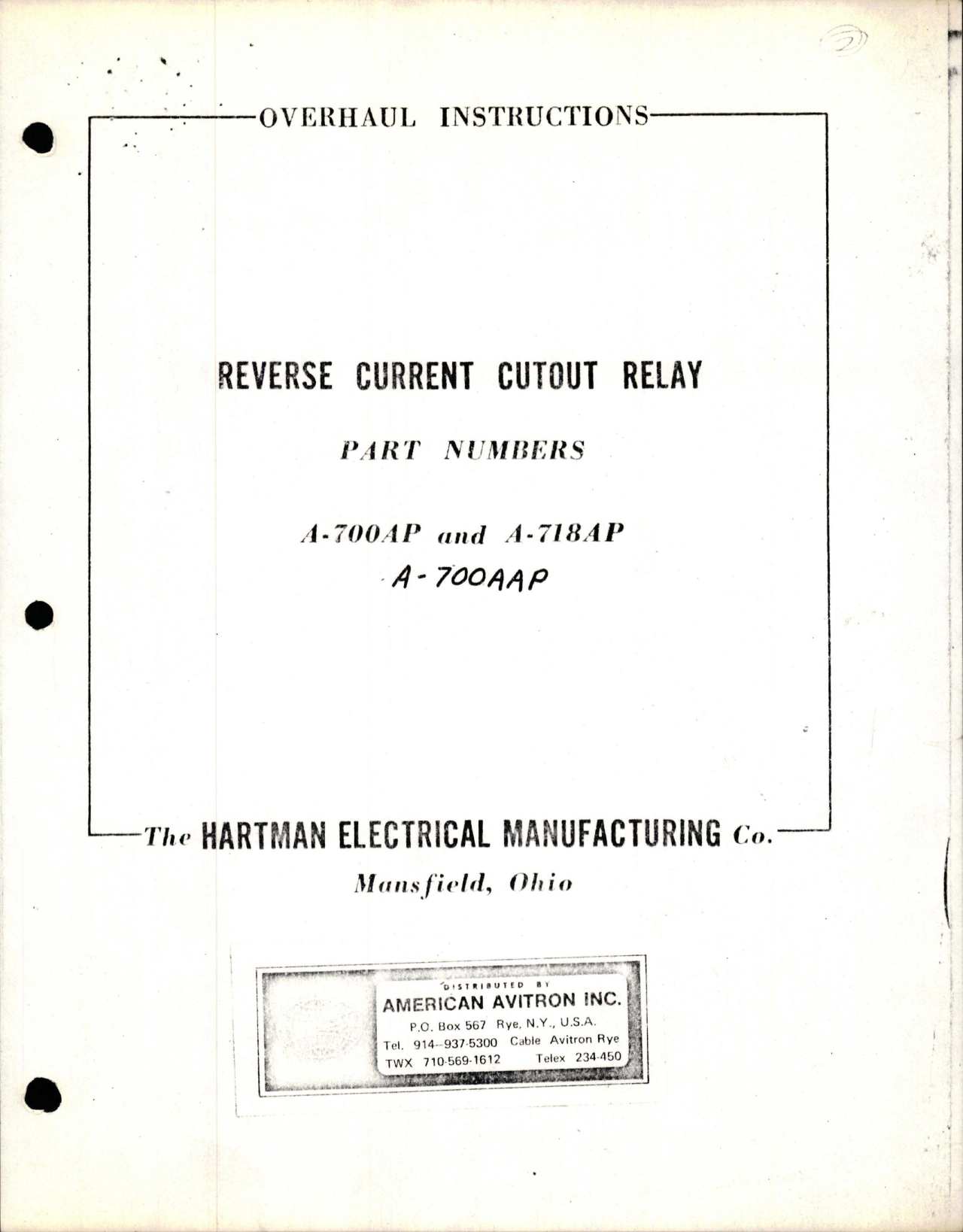 Sample page 1 from AirCorps Library document: Overhaul Instructions for Reverse Current Cutout Relay - Parts A-700AP and A-718AP