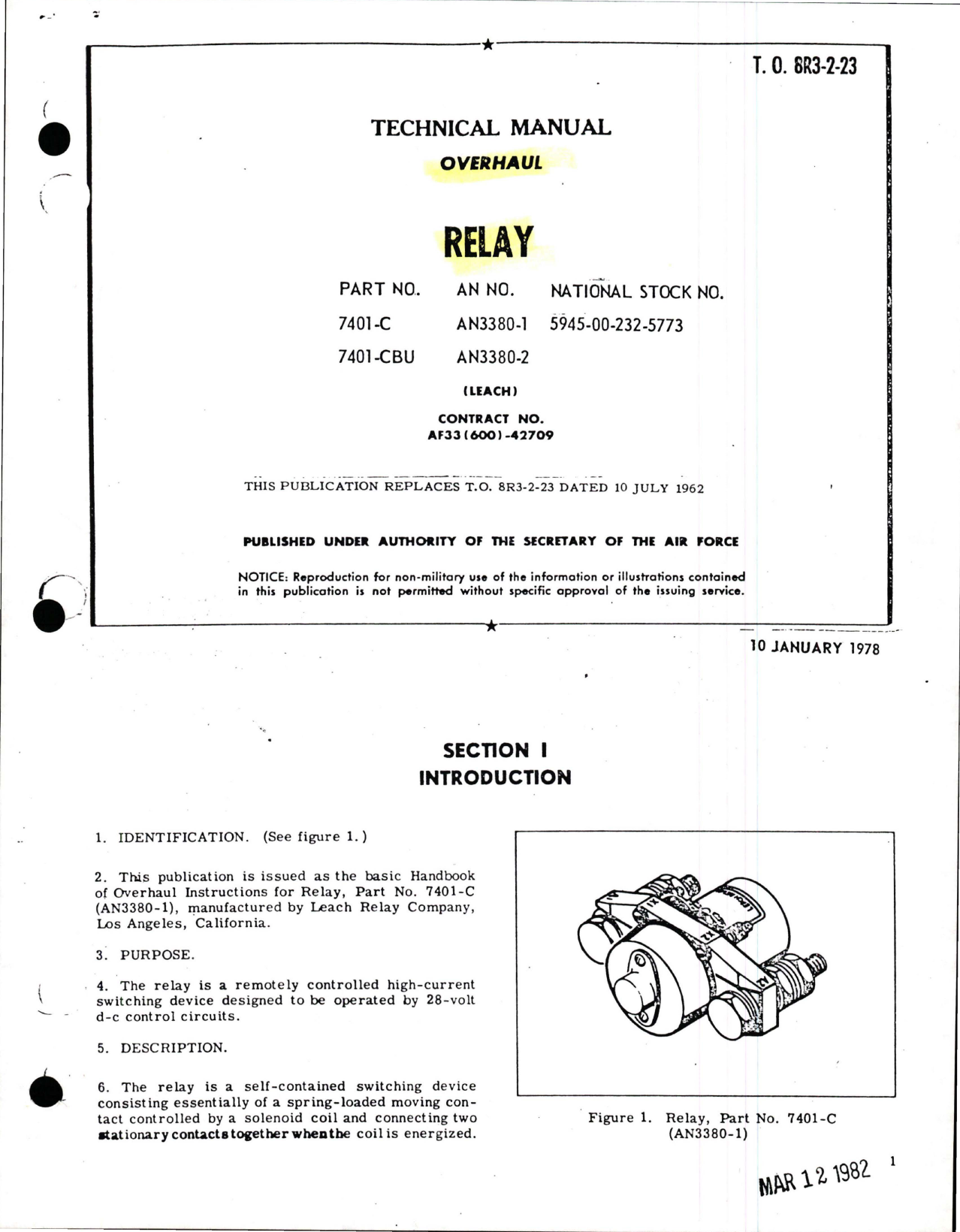 Sample page 1 from AirCorps Library document: Overhaul for Relay - Parts 7401-C & 7401-CBU and  AN No. AN3380-1 & AN3380-2