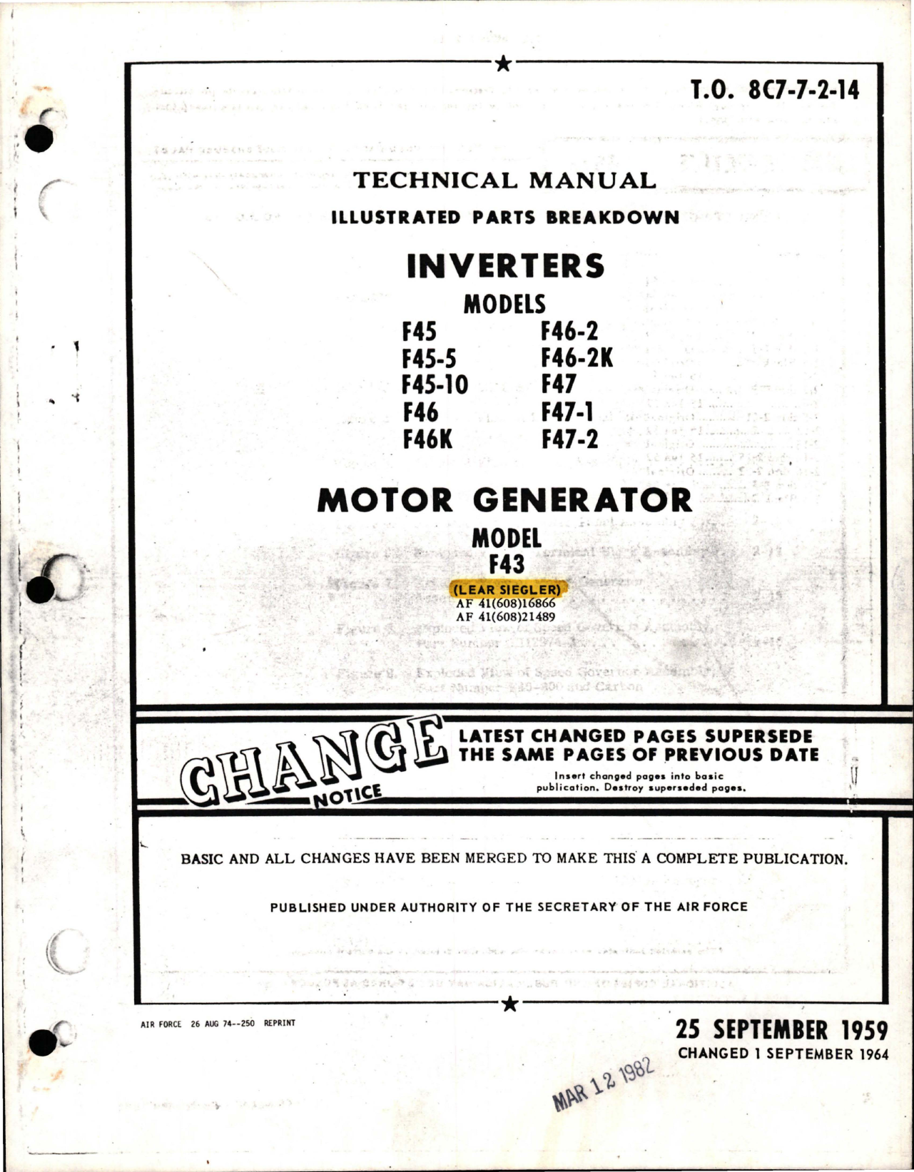 Sample page 1 from AirCorps Library document: Illustrated Parts Breakdown for Inverters and Motor Generator - Model F43
