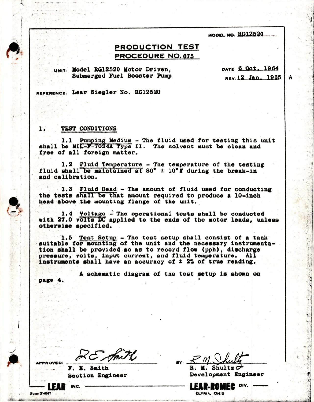 Sample page 1 from AirCorps Library document: Production Test Procedure for Submerged Fuel Booster Pump - Motor Driven -  Model RG12520