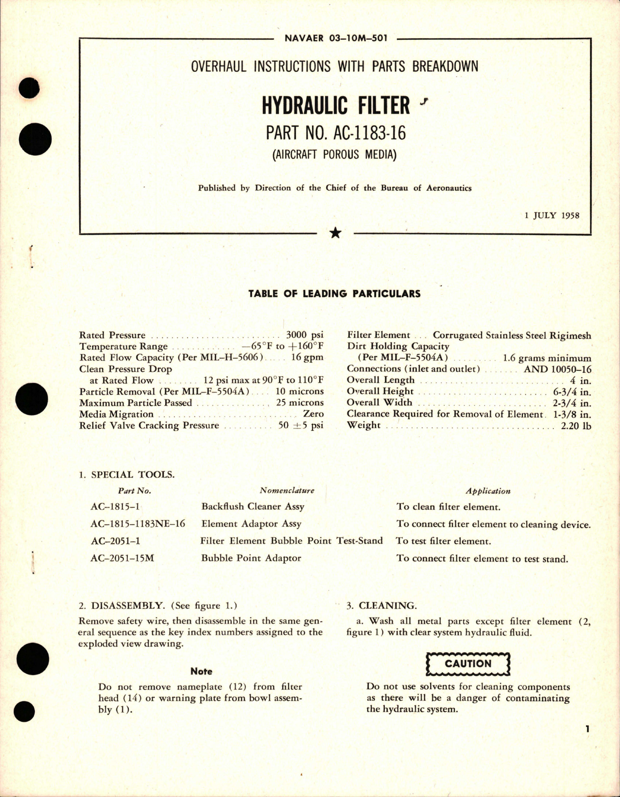 Sample page 1 from AirCorps Library document: Overhaul Instructions with Parts Breakdown for Hydraulic Filter - Part AC-1183-16