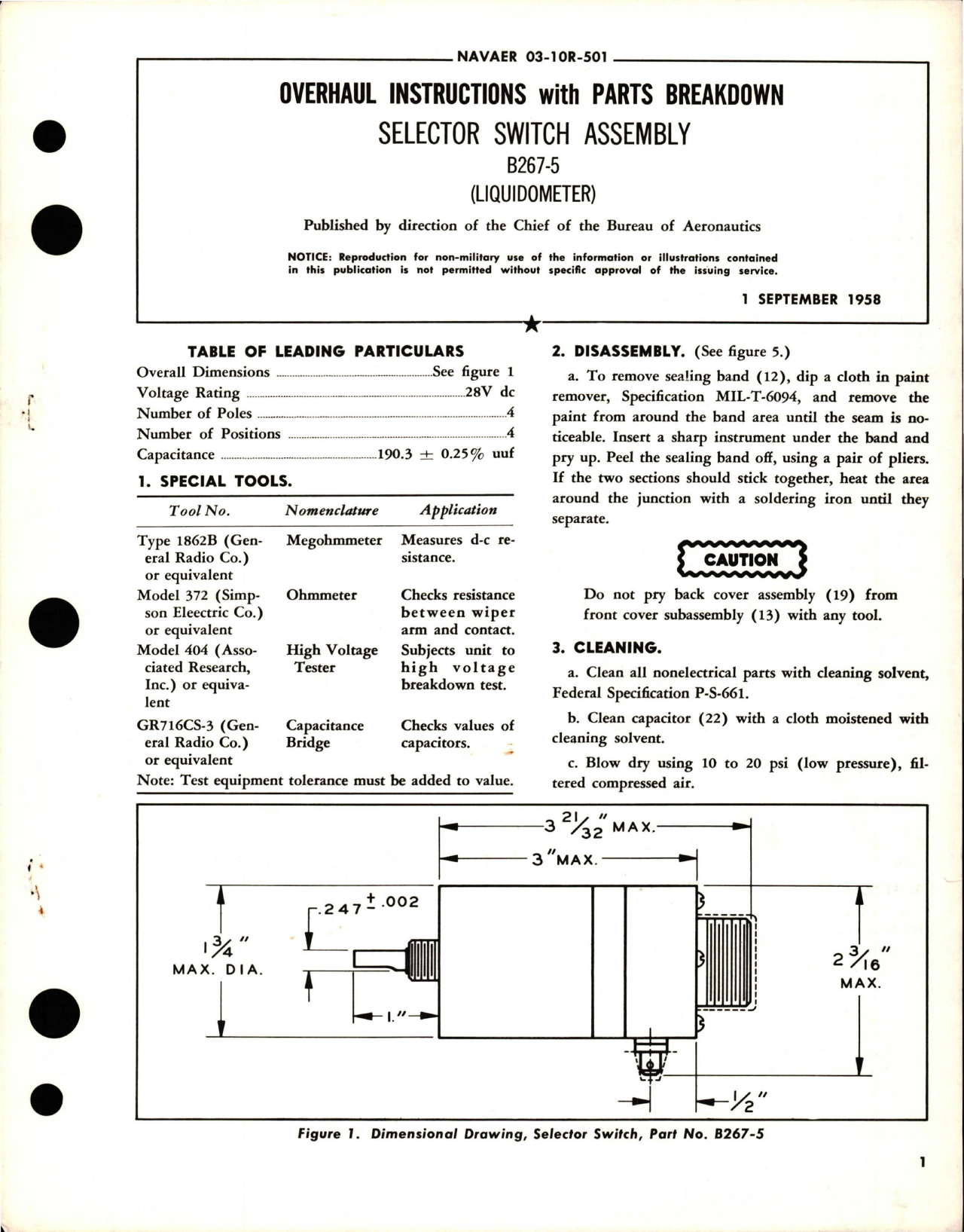Sample page 1 from AirCorps Library document: Overhaul Instructions with Parts Breakdown for Selector Switch Assembly - B267-5