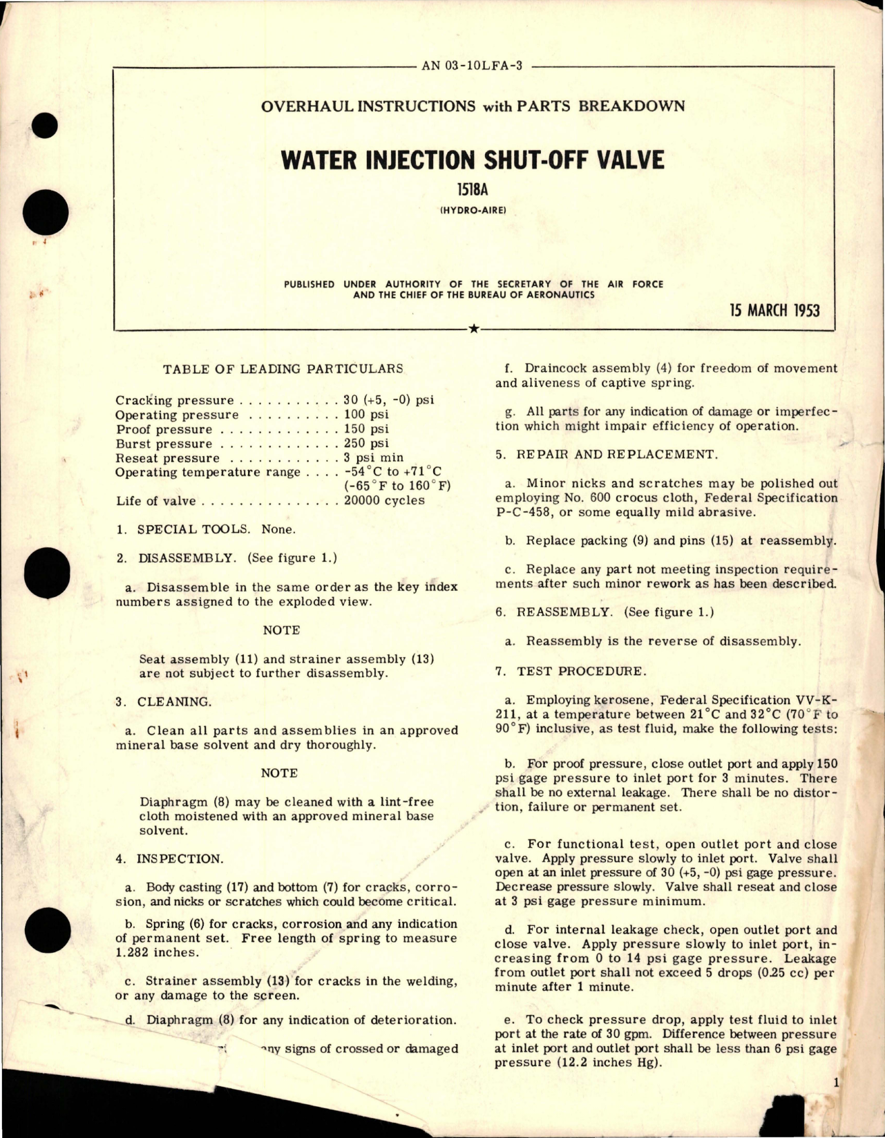 Sample page 1 from AirCorps Library document: Overhaul Instructions with Parts for Water Injection Shut Off Valve - 1518A