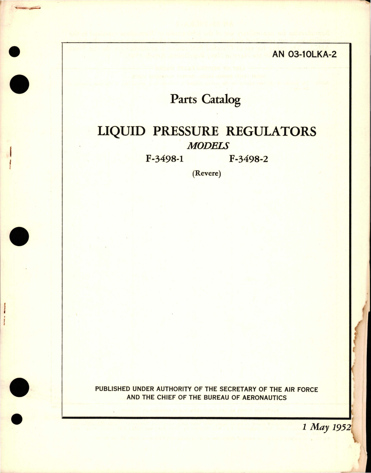 Sample page 1 from AirCorps Library document: Parts Catalog for Liquid Pressure Regulators - Models F-3498-1 and F-3498-2