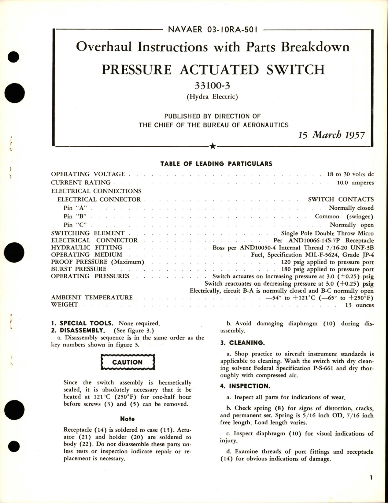 Sample page 1 from AirCorps Library document: Overhaul Instructions with Parts Breakdown for Pressure Actuated Switch - 33100-3