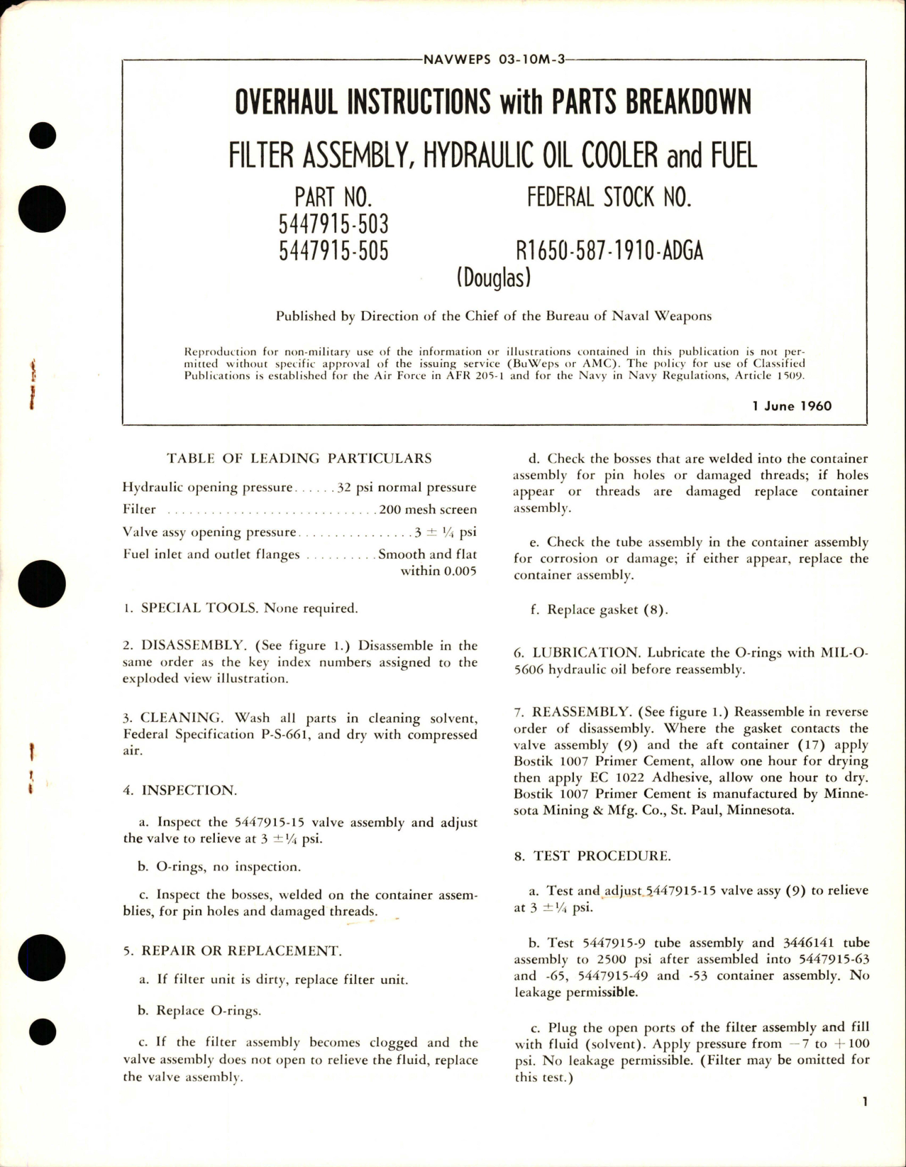 Sample page 1 from AirCorps Library document: Overhaul Instructions with Parts for Hydraulic Oil Cooler and Fuel Filter Assembly - Part 5447915-503 and 5447915-505