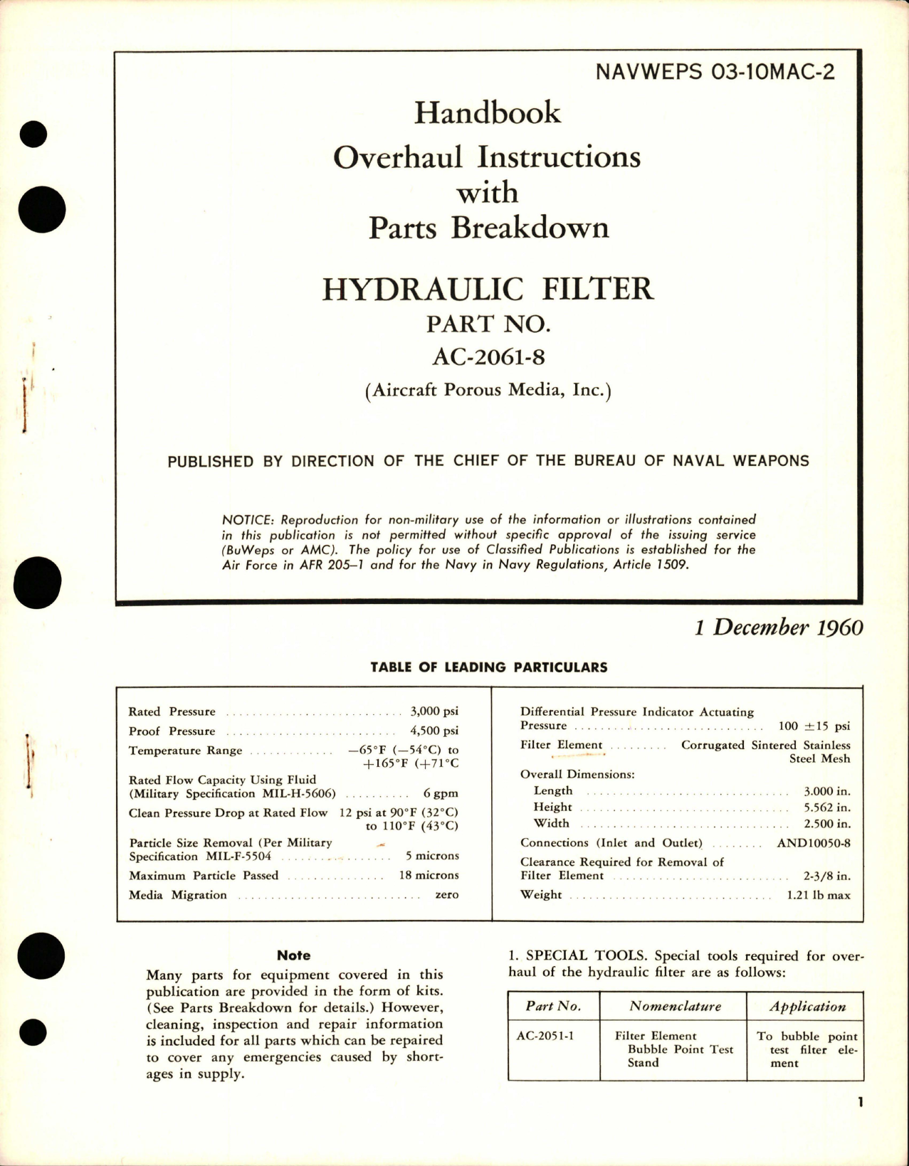 Sample page 1 from AirCorps Library document: Overhaul Instructions with Parts Breakdown for Hydraulic Filter - Part AC-2061-8