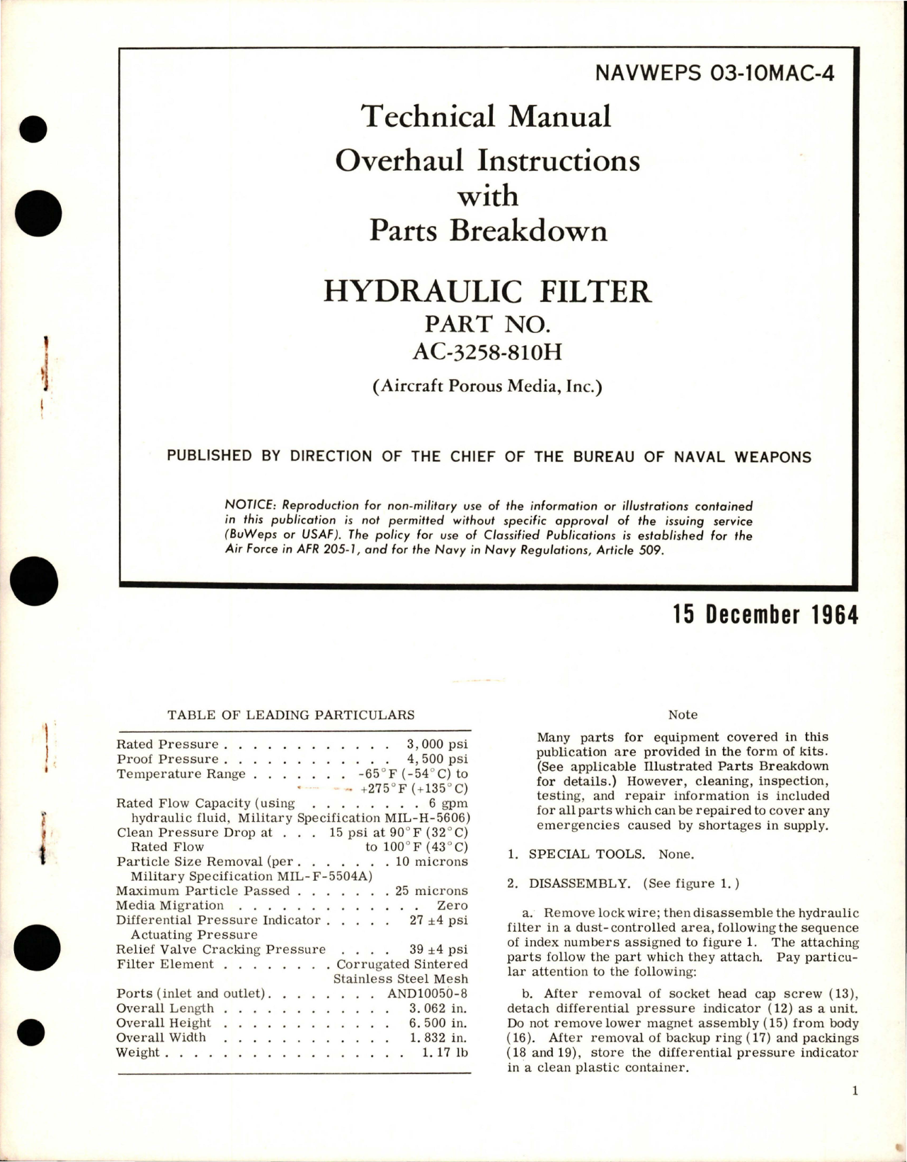 Sample page 1 from AirCorps Library document: Overhaul Instructions with Parts Breakdown for Hydraulic Filter - Part AC-3258-810H