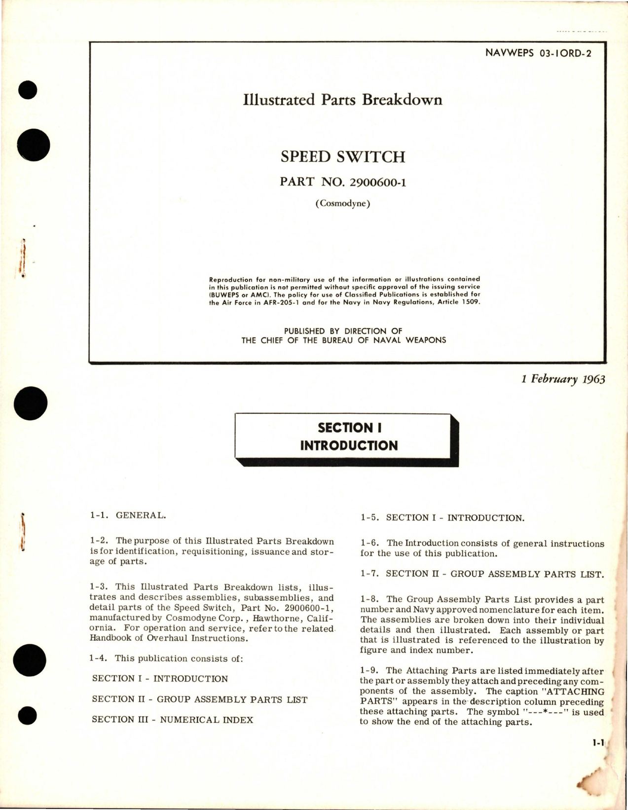 Sample page 1 from AirCorps Library document: Illustrated Parts Breakdown for Speed Switch - Part 2900600-1