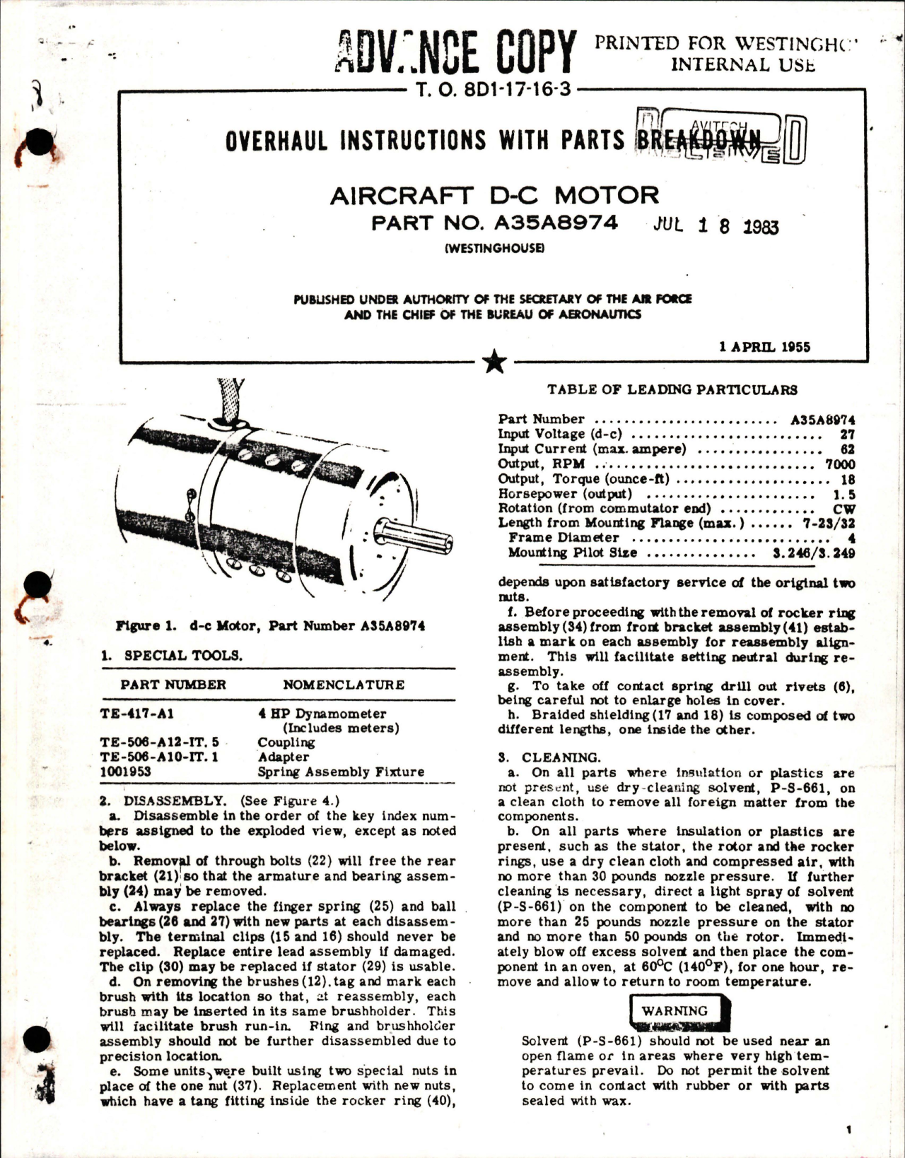 Sample page 1 from AirCorps Library document: Overhaul Instructions with Parts Breakdown for DC Motor - Part A35A8974 