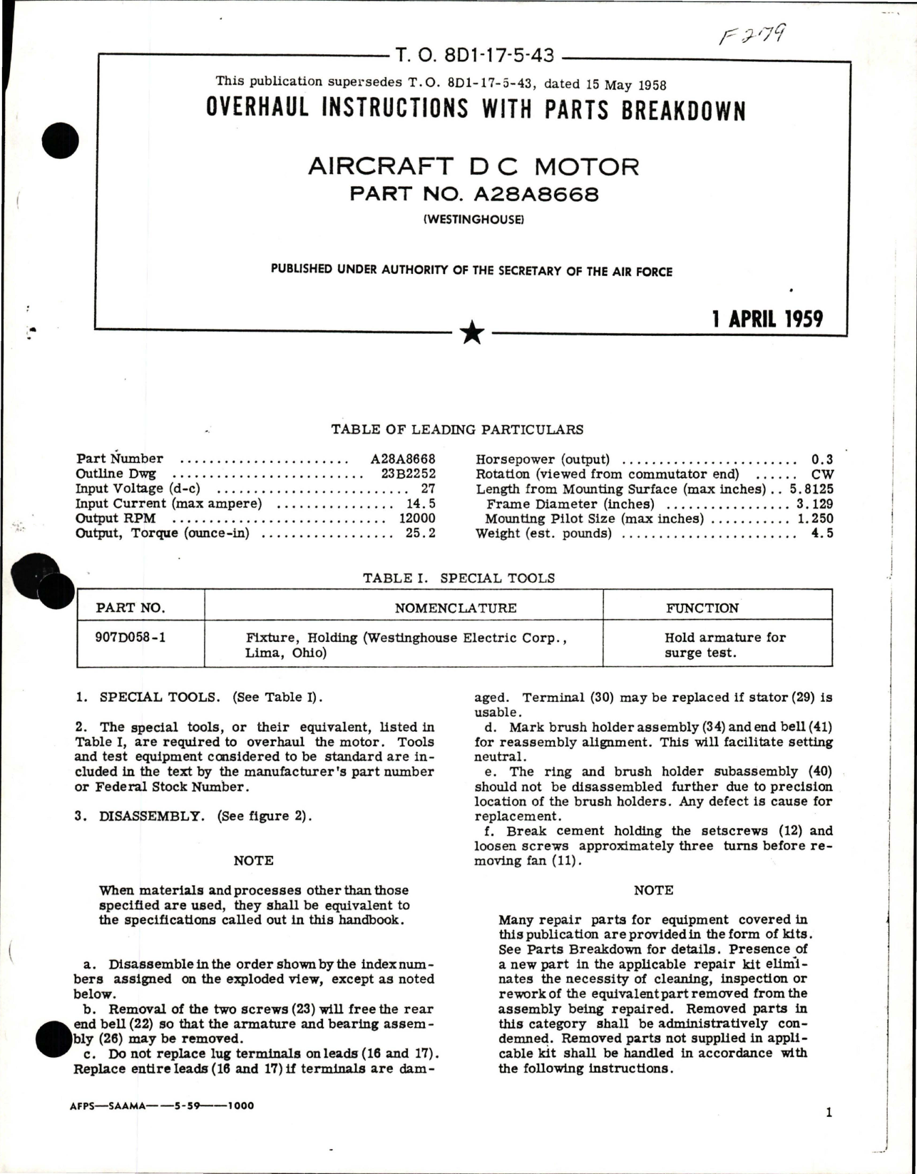Sample page 1 from AirCorps Library document: Overhaul Instructions with Parts Breakdown for DC Motor - Part A28A8668
