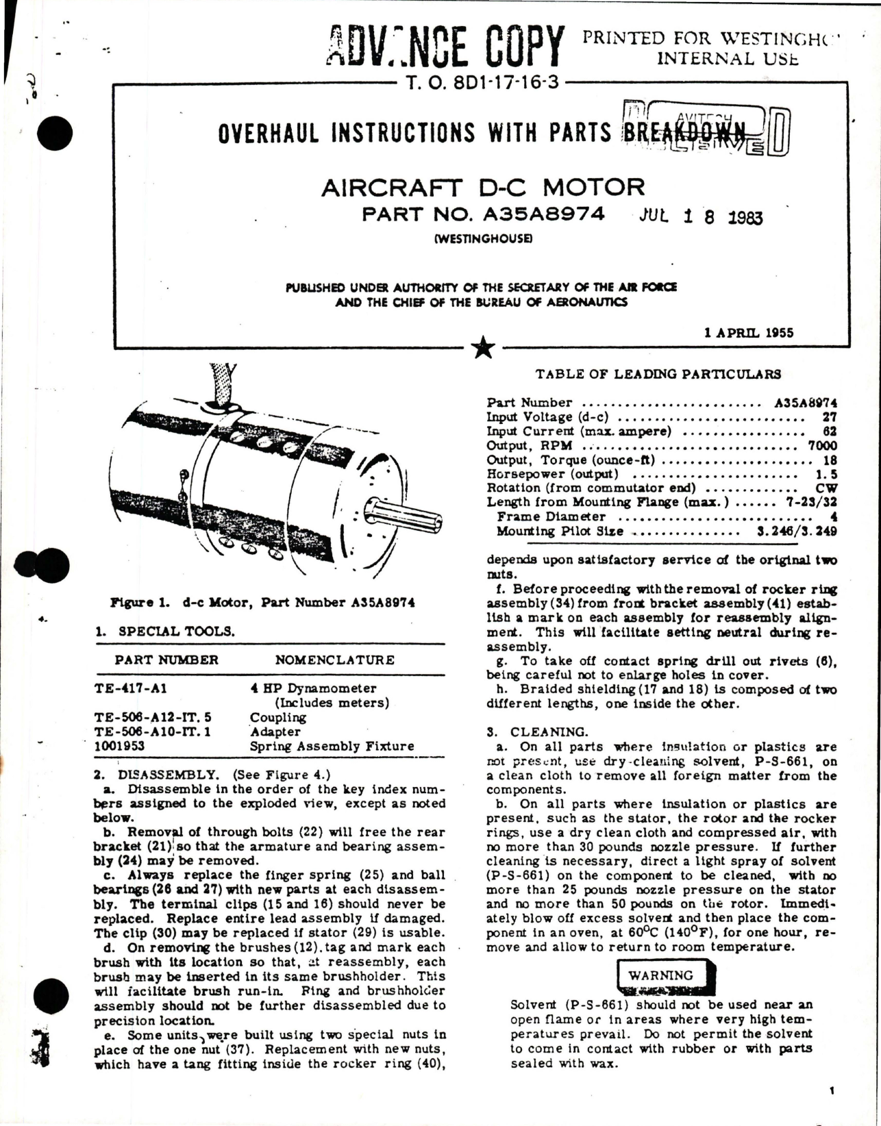 Sample page 1 from AirCorps Library document: Overhaul Instructions with Parts Breakdown for DC Motor - Part A35A8974