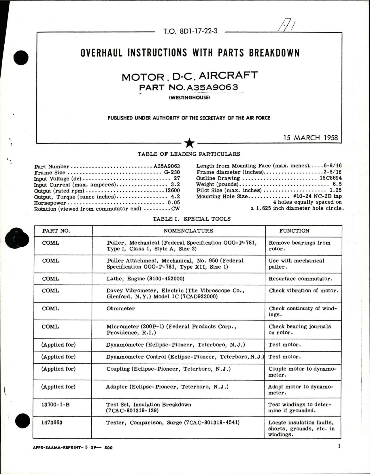 Sample page 1 from AirCorps Library document: Overhaul Instructions with Parts Breakdown for DC Motor - Part A35A9063