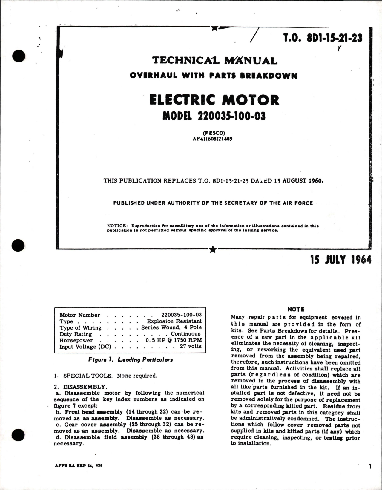 Sample page 1 from AirCorps Library document: Overhaul with Parts Breakdown for Electric Motor - Model 220035-100-03