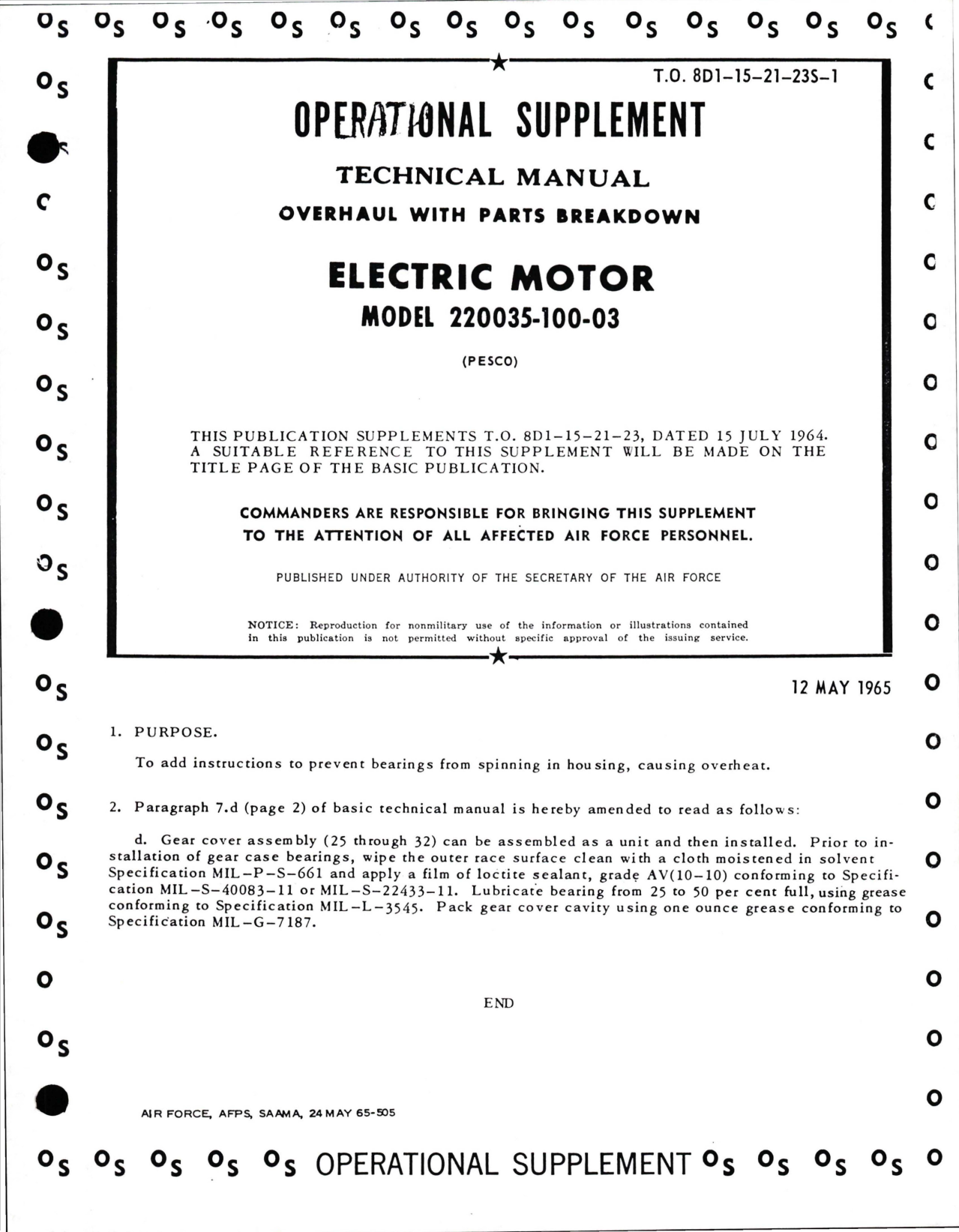 Sample page 1 from AirCorps Library document: Supplement to Overhaul with Parts Breakdown for Electric Motor - Model 220035-100-03