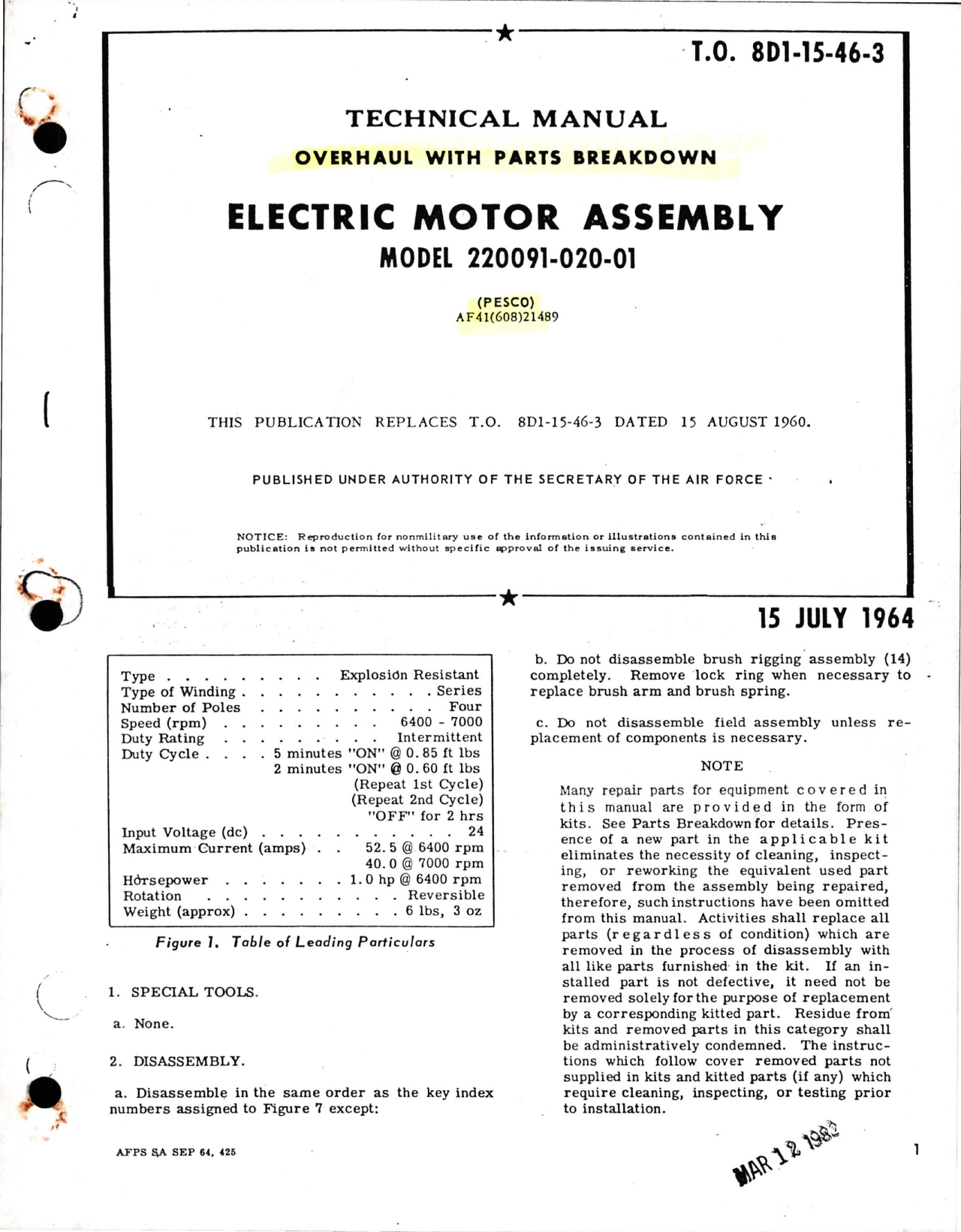 Sample page 1 from AirCorps Library document: Overhaul with Parts Breakdown for Electric Motor Assembly - Model 220091-020-01
